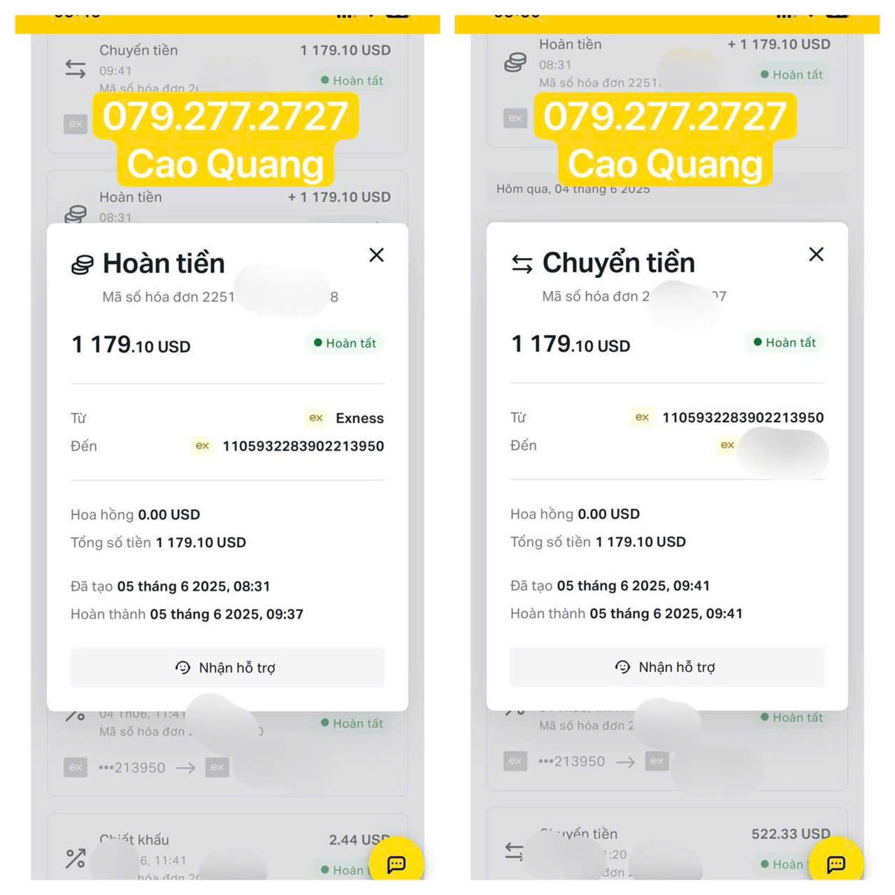 Screenshots of two mobile banking app transactions, showing a transfer and a refund of 1179.10 USD to a phone number, with details including date, time, and transaction ID. The number 079.277.2727 and the name Cao Quang are prominently displayed in yellow text overlay.