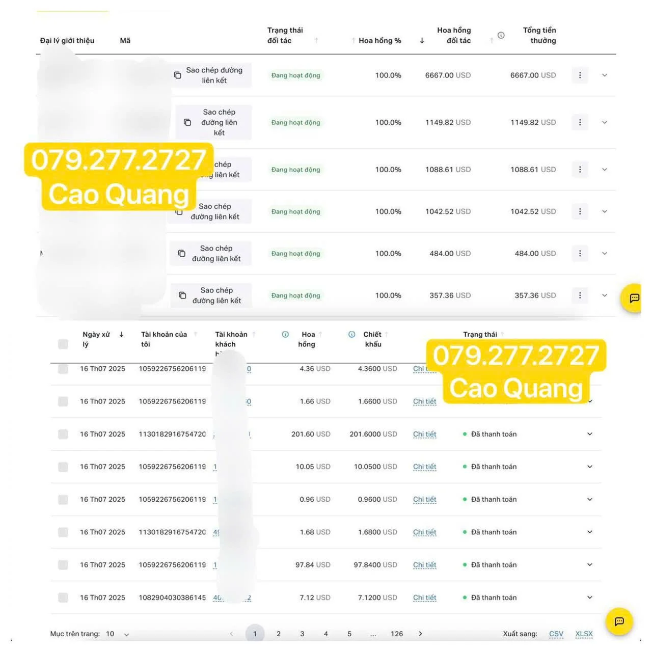 Screenshot of a financial transaction record in a table, with bold yellow text overlay displaying a phone number and name, '079.277.2727 Cao Quang'.