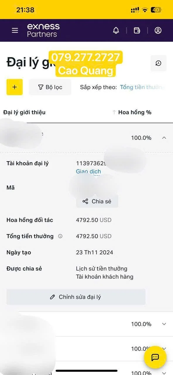 Screenshot of a financial app showing a commission payment of 4,792.50 USD created on November 23, 2024, with agent details and sharing options.