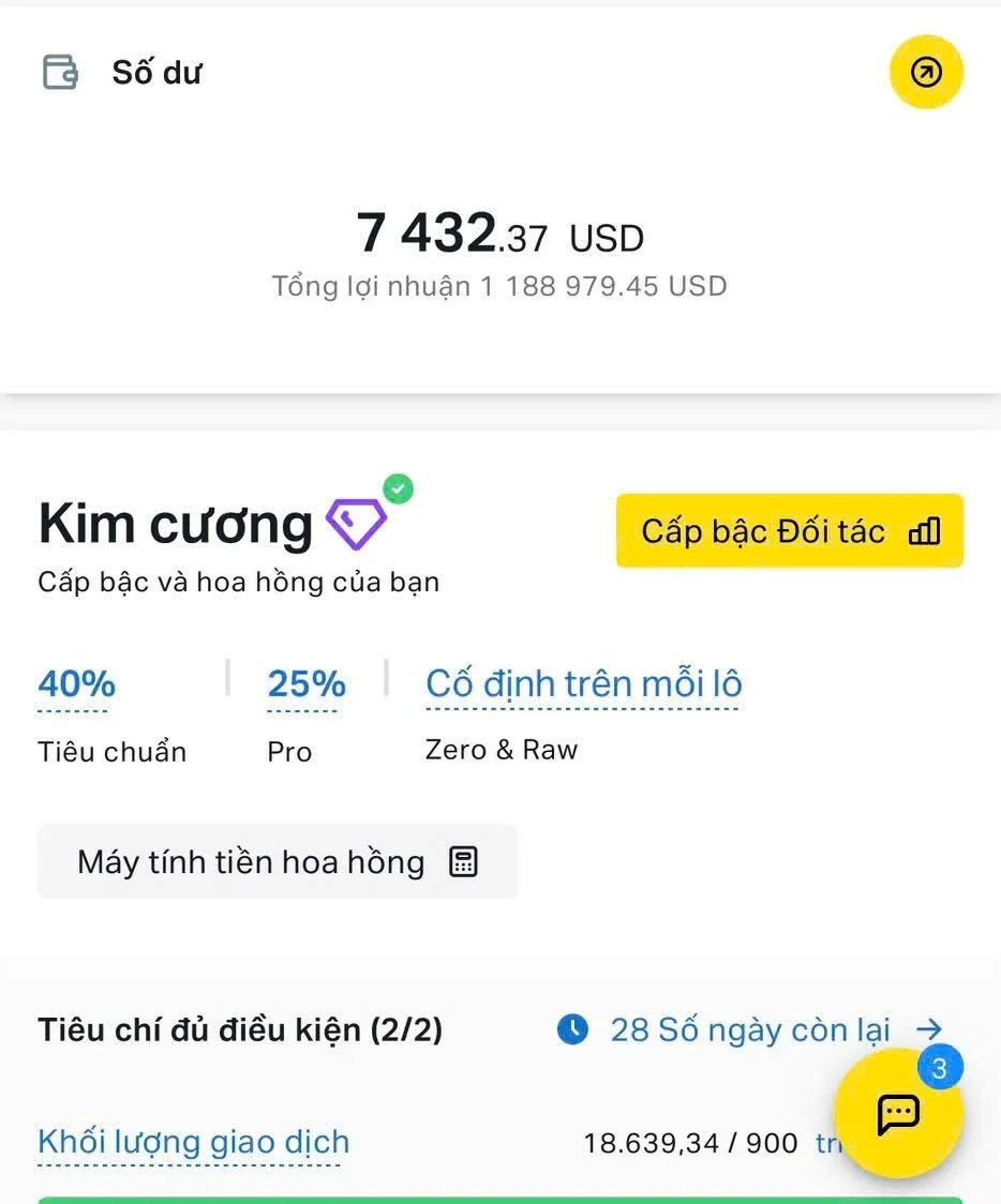 Screenshot of a financial app showing a total profit of 1,188,979.45 USD, with an account balance of 7,432.37 USD, owned by 'Kim cương'. The app indicates a partner level and contains options for partner level and transaction history, along with some trading statistics and a chat notification icon.