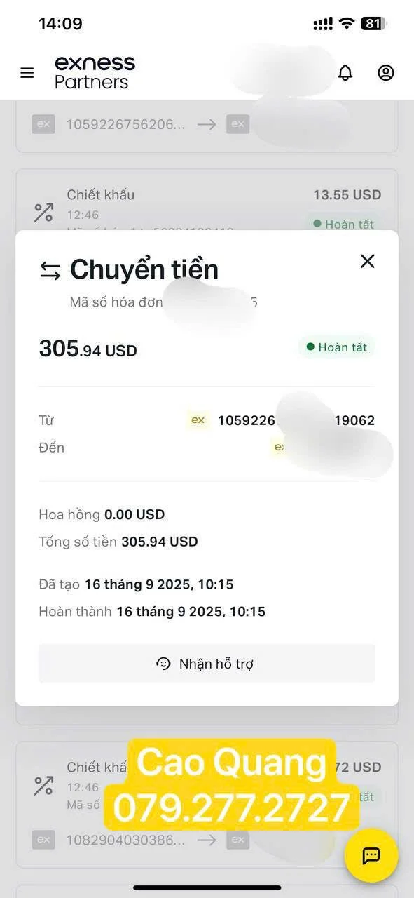 A screenshot of a mobile banking app showing a money transfer of approximately 306 USD, with details in Vietnamese and the recipient's contact information in yellow, including the name Cao Quang and a phone number.