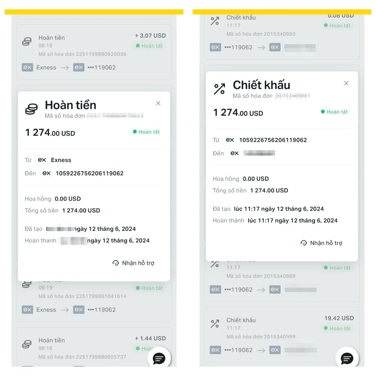 Screenshots of online financial transactions showing refunds, cash back, and discounts in USD, with transaction details in Vietnamese.