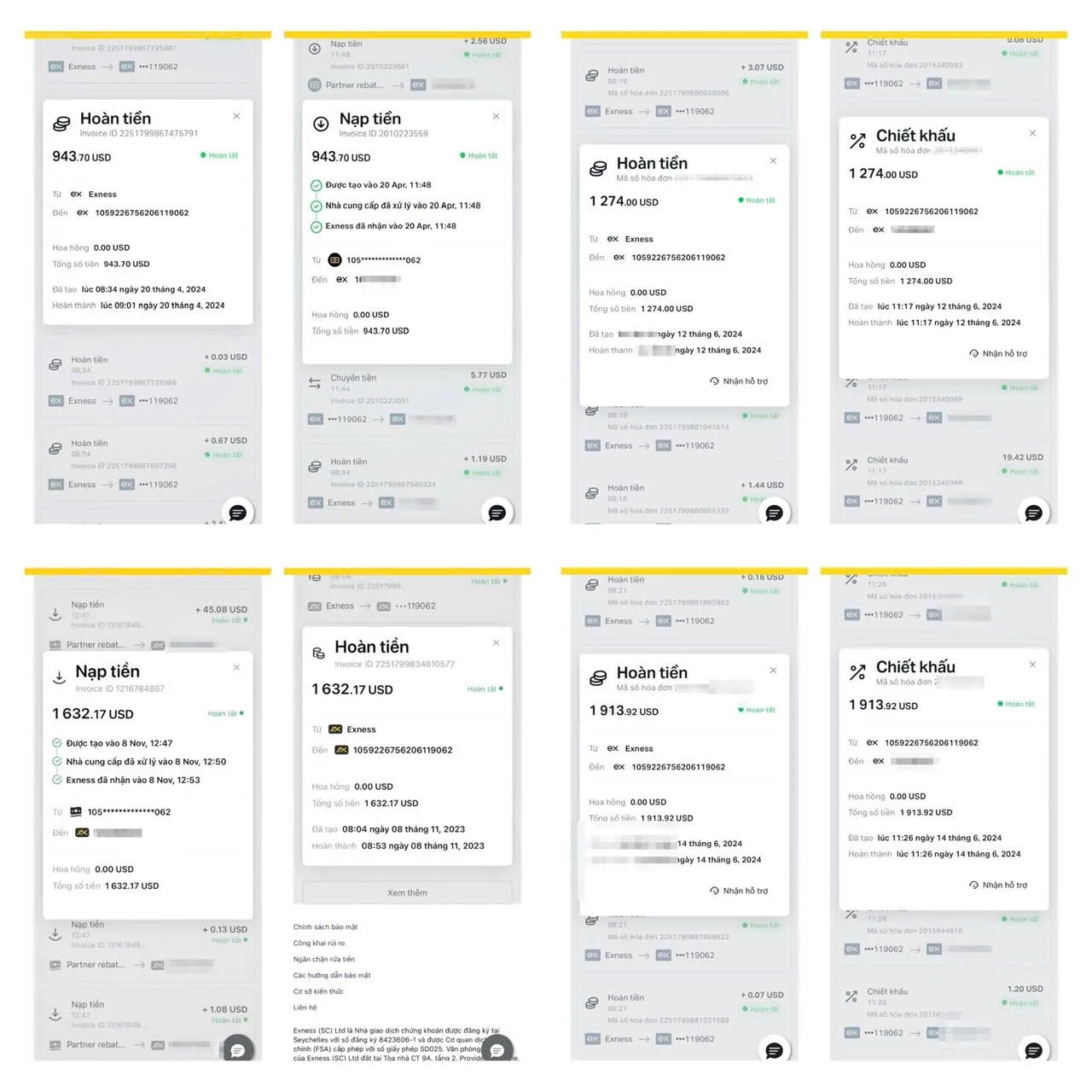 A collage of eight screenshots showing various financial transactions, including refunds, deposits, and discounts, with amounts ranging from around $943 to over $1,632, through the Exness platform.