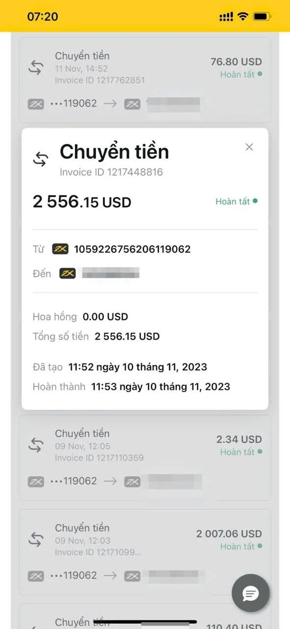 Screenshot of a mobile banking app showing multiple money transfer transactions, including one for 2,556.15 USD and others for smaller amounts.