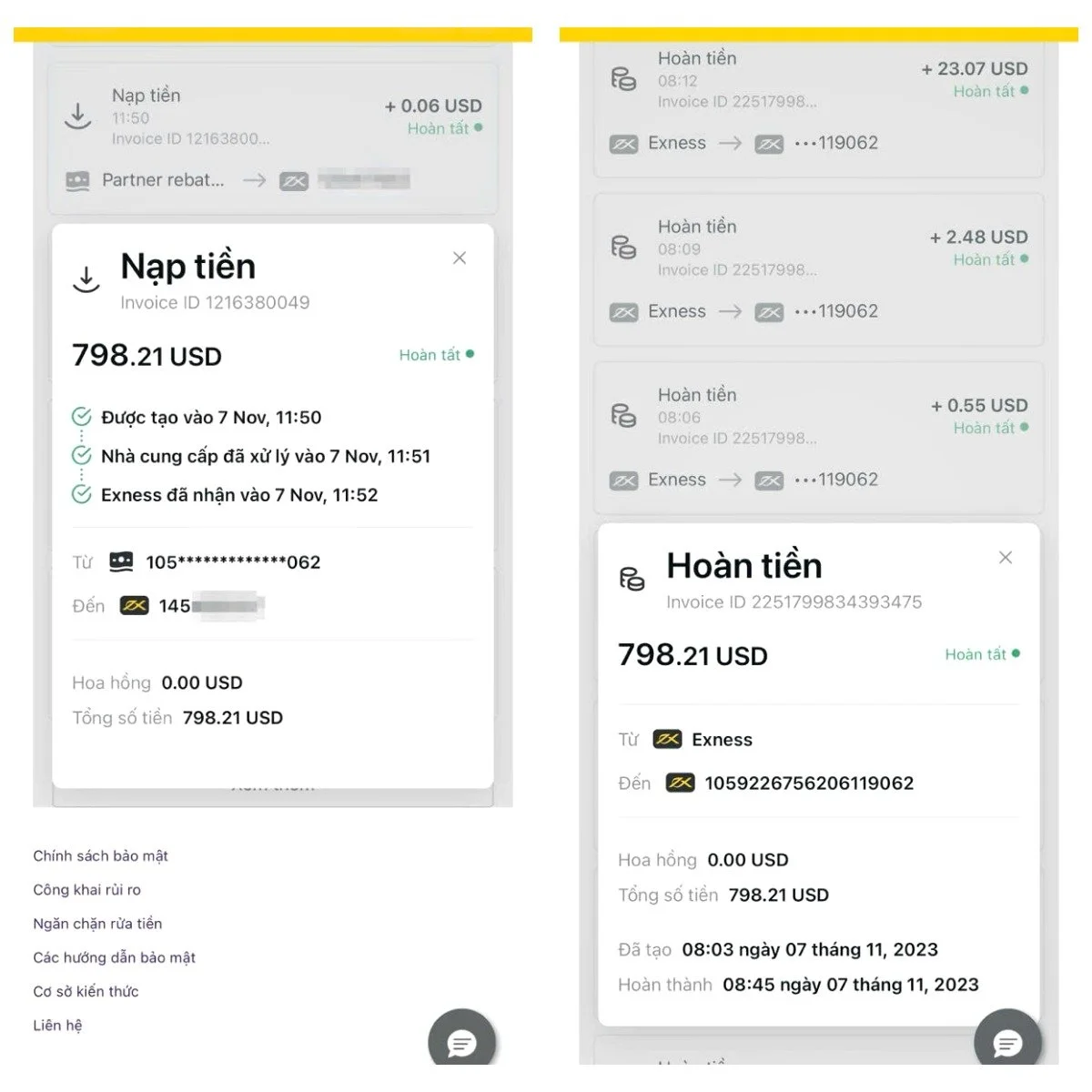 Screenshots of mobile banking app transactions showing multiple cash deposit and refund transactions, with details such as amounts, dates, times, and account information in Vietnamese and USD.