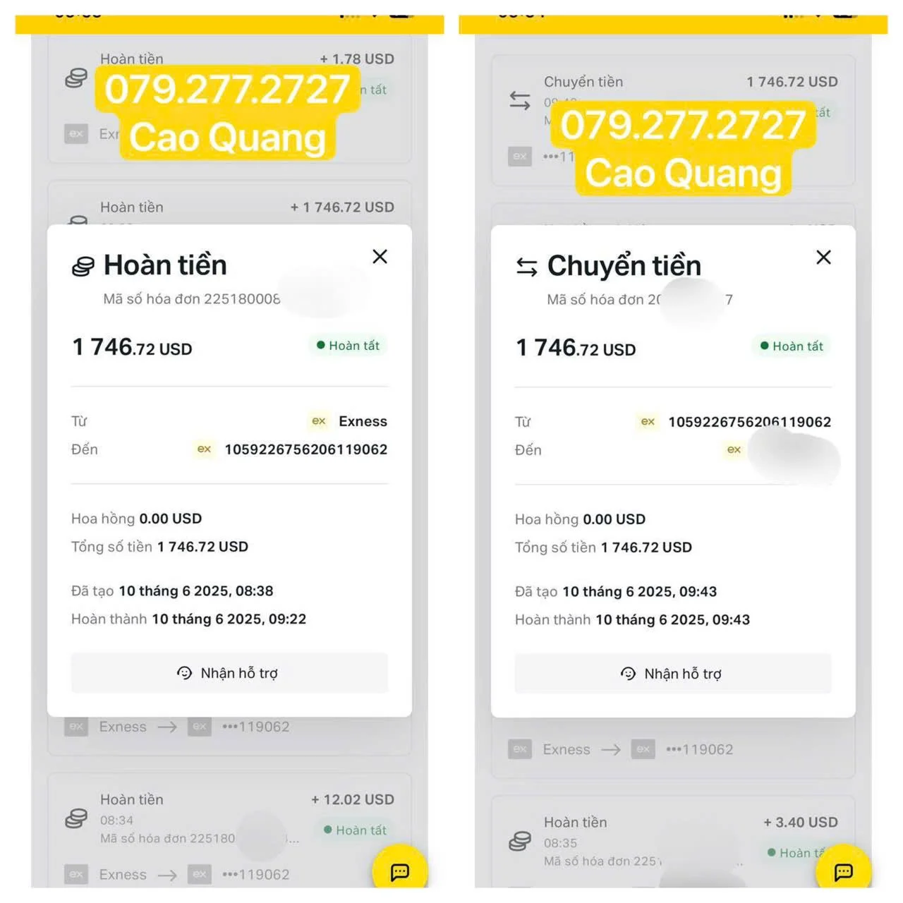 Screenshots of two digital money transfer receipts showing a transfer of 1,746.72 USD to Cao Quang, with the date and time of June 10, 2025.