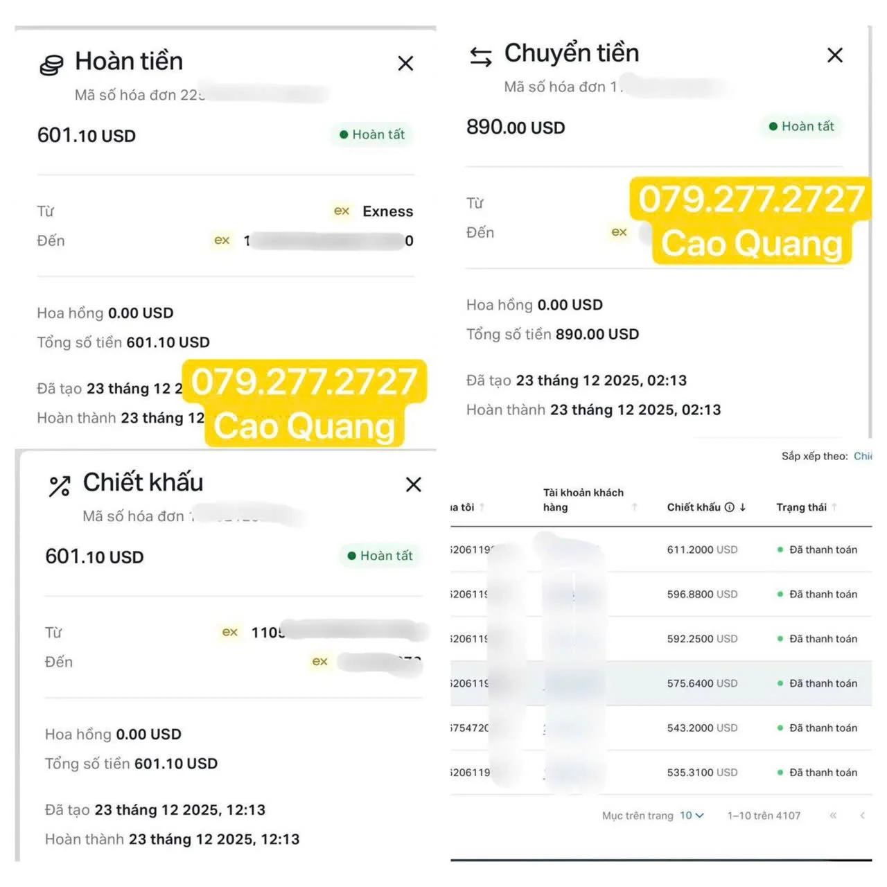 Screenshots of financial transactions showing total amounts, transfer details, and discounts, with highlighted phone numbers and names.