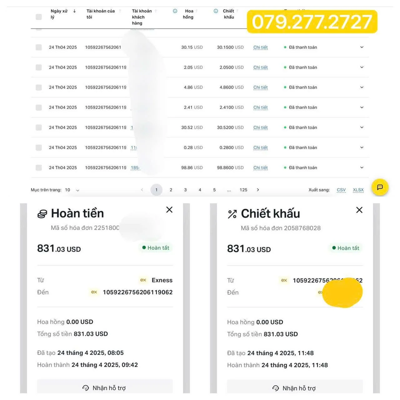 Screenshots of a payment receipt and invoice showing a total of 831.03 USD, with details of transactions, refund, and discount, along with a large yellow banner displaying the phone number 079.277.2727.