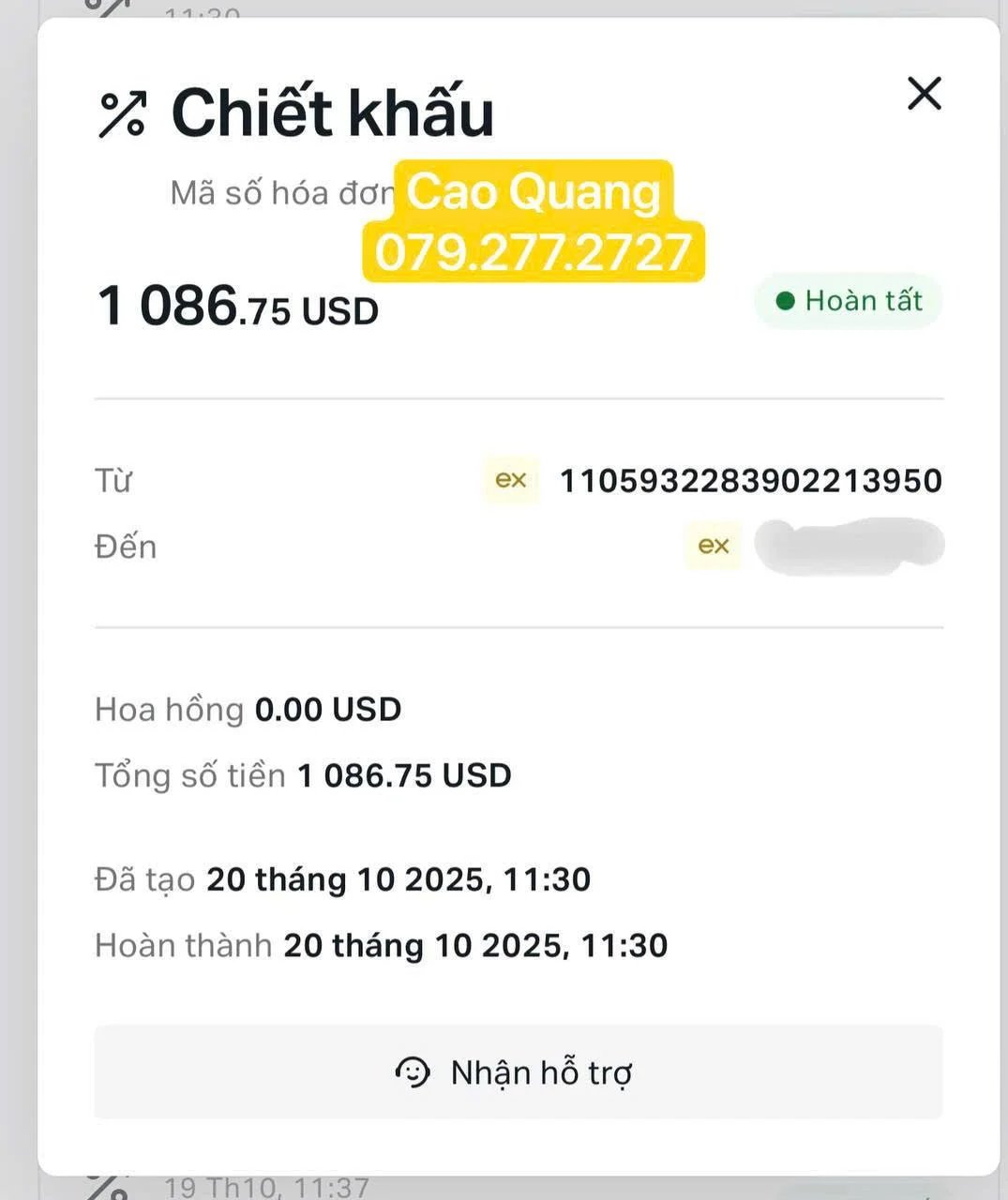 A digital receipt showing a payment of 1,086.75 USD, with the merchant name 'Cao Quang' and phone number 079.277.2727, created on October 20, 2025, at 11:30.