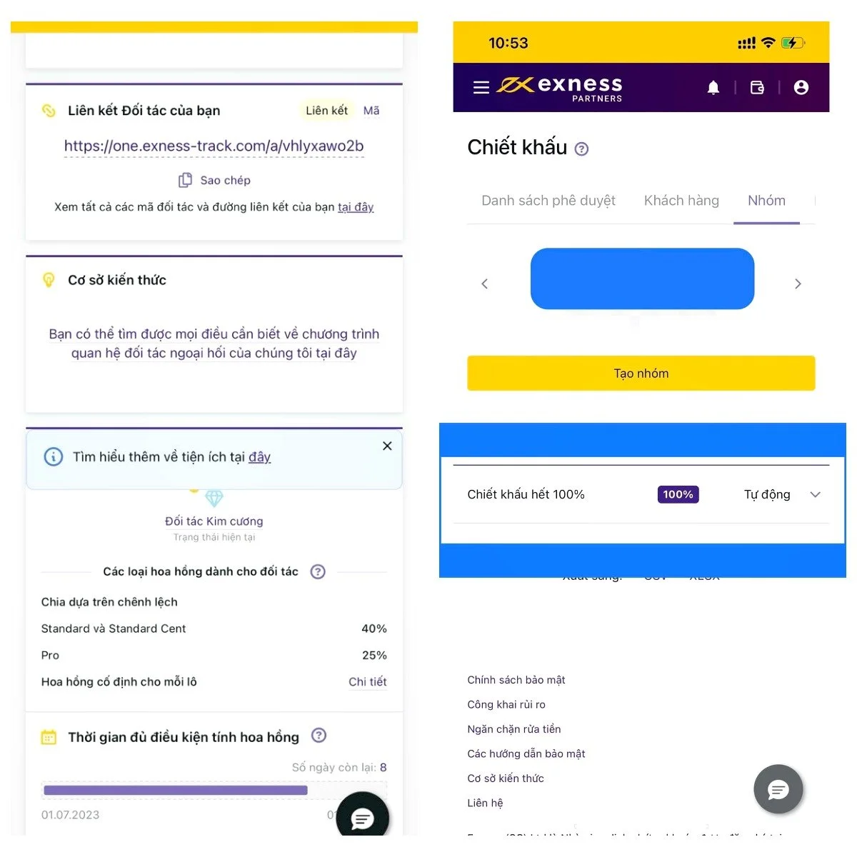 Screenshots of a website and a mobile app interface showing links, discount details, and a group creation button in Vietnamese, with prominent yellow and purple colors.