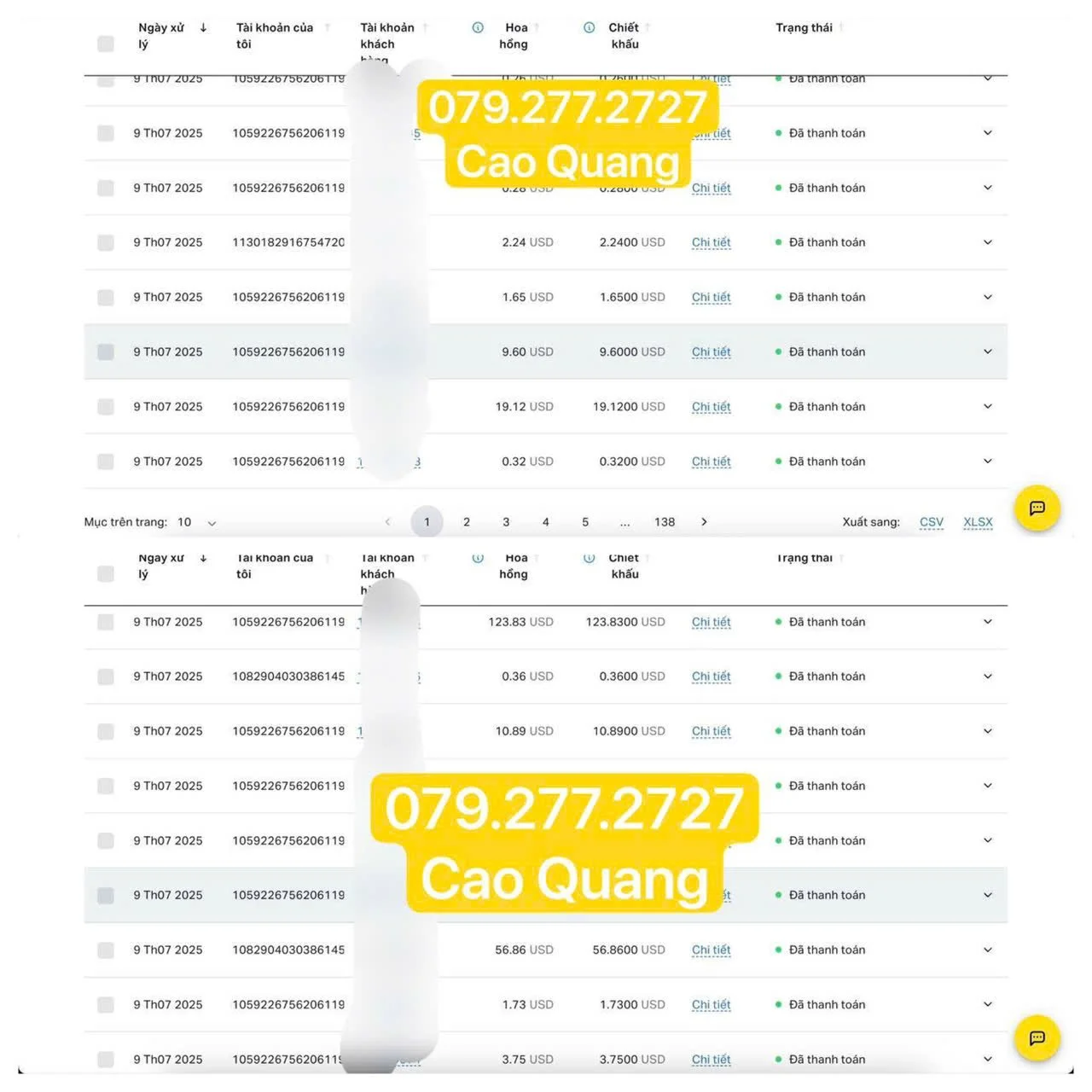 Screenshot of a financial transaction record with details such as date, account numbers, transaction amounts in USD, and status, with the contact number 079.277.2727 and name Cao Quang highlighted twice in yellow.