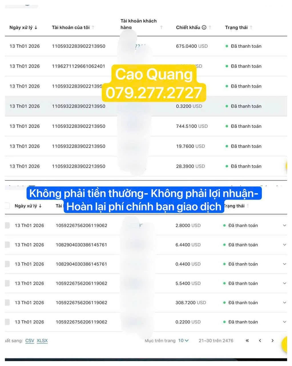 Screenshots of financial transaction records with details such as date, account number, amount, and status, including prominently displayed text in Vietnamese and a yellow banner with contact information