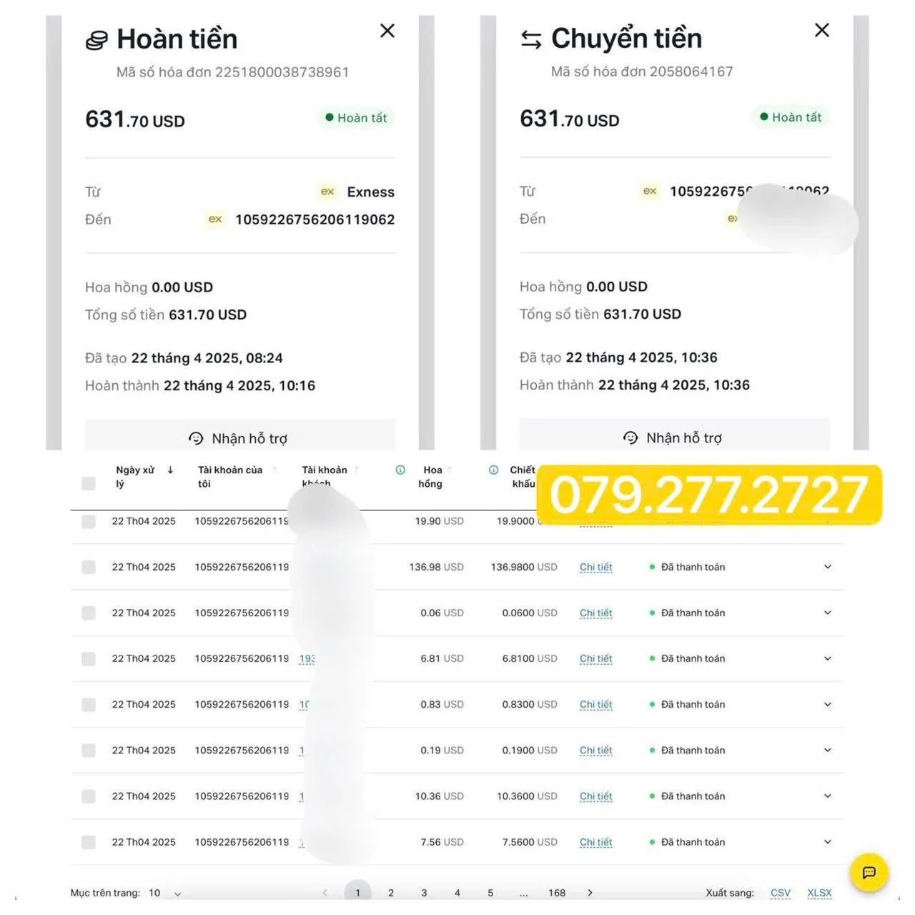 Screenshots of two online transaction history pages, displaying a total refund and transfer amount of $631.70 USD, with detailed transaction records, dates, account numbers, and payment confirmation details.