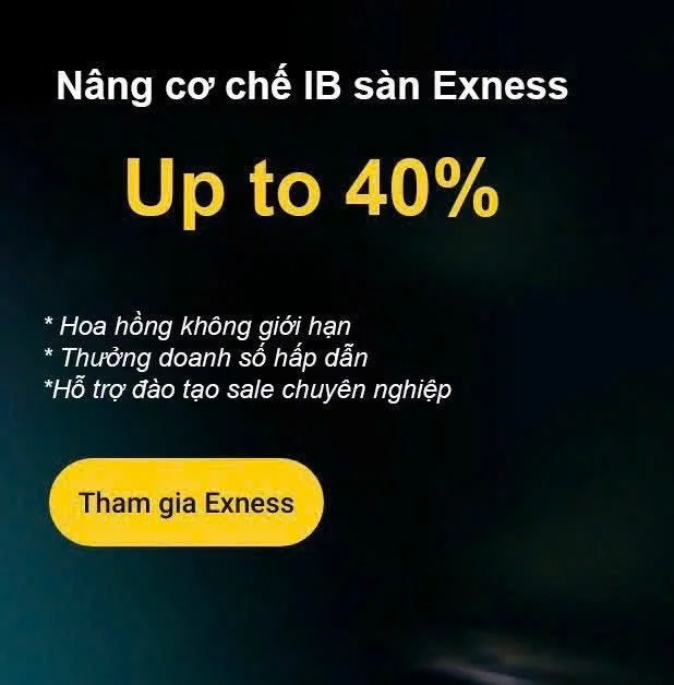 A promotional digital advertisement in Vietnamese about enhancing the IB system on Exness platform, offering up to 40% increase, with bullet points highlighting unlimited bonuses, attractive daily earnings, and professional training support, and a yellow button labeled "Tham gia Exness."