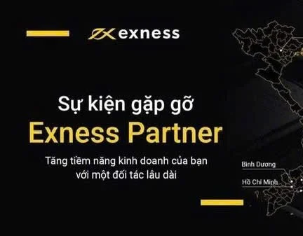 Exness advertisement in Vietnamese promoting long-term partnership with a map of Vietnam highlighting Binh Dương and Hồ Chí Minh