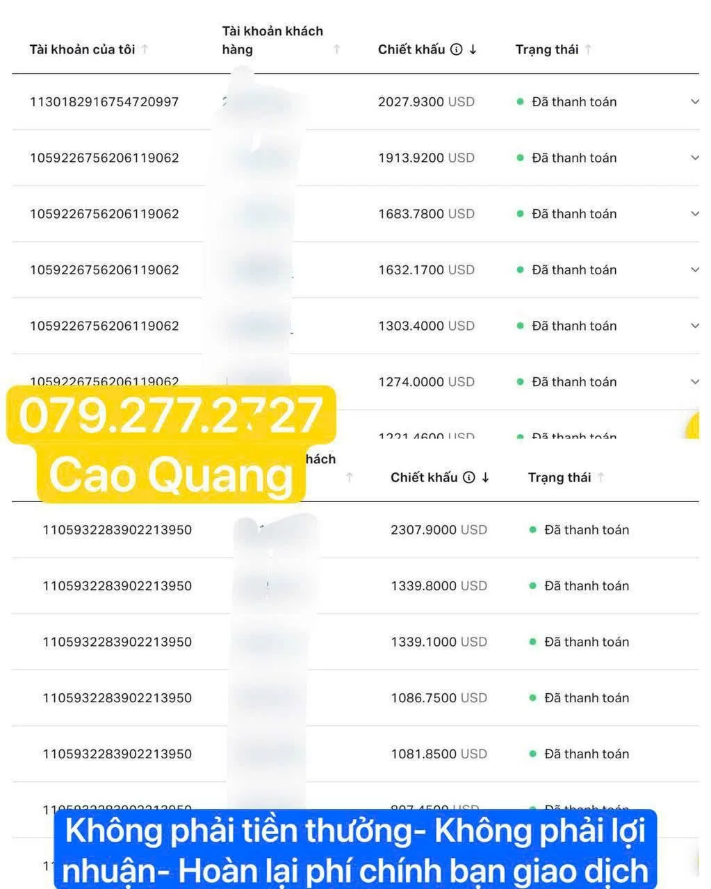 Screenshot of a financial bank statement showing deposit and withdrawal transactions, including account numbers, transaction amounts in USD, and statuses, with an overlay ad for a phone number and name in yellow and blue text.