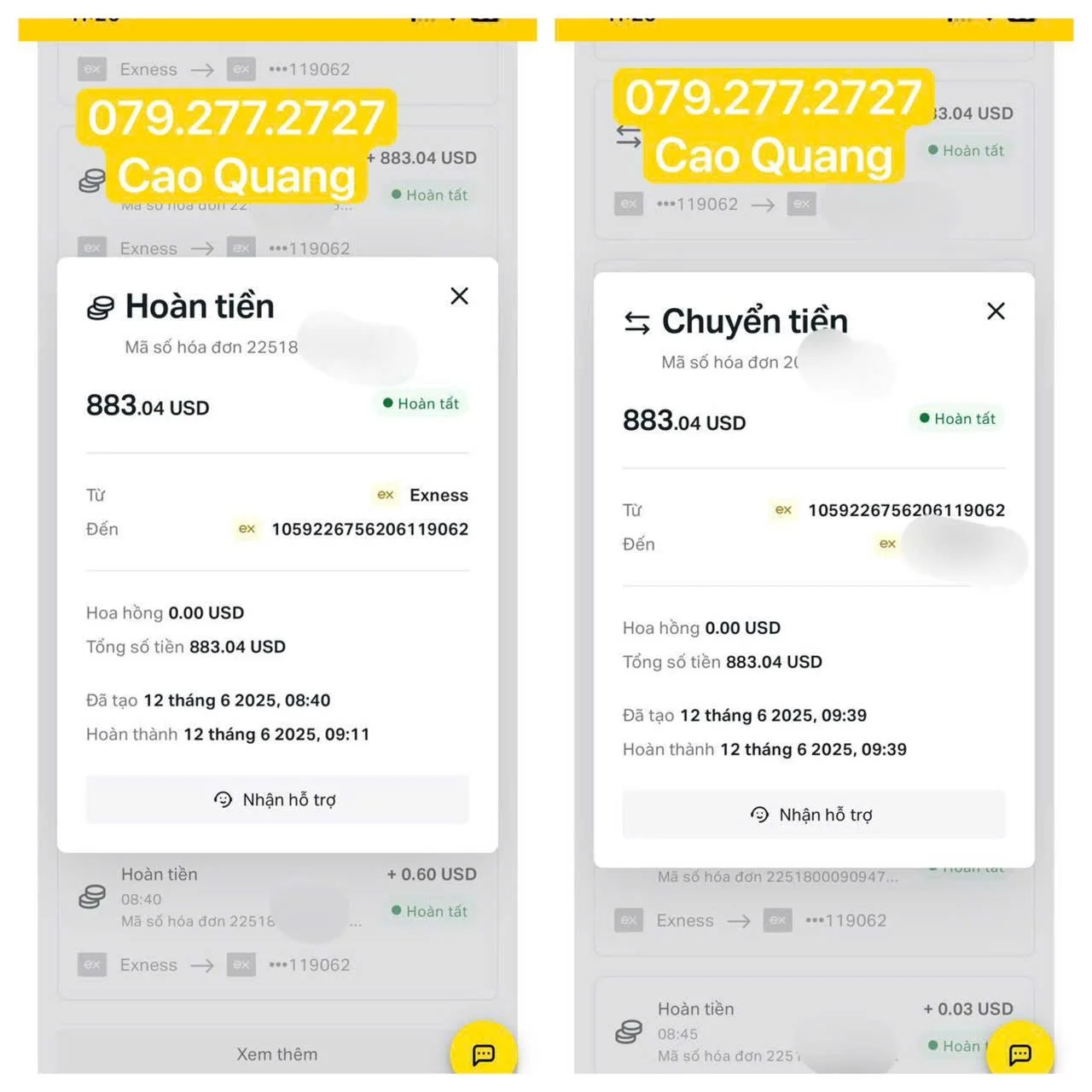 Screenshots of a mobile banking app showing a wire transfer of 883.04 USD from Cao Quang on June 12, 2025, with confirmation and refund details in Vietnamese.