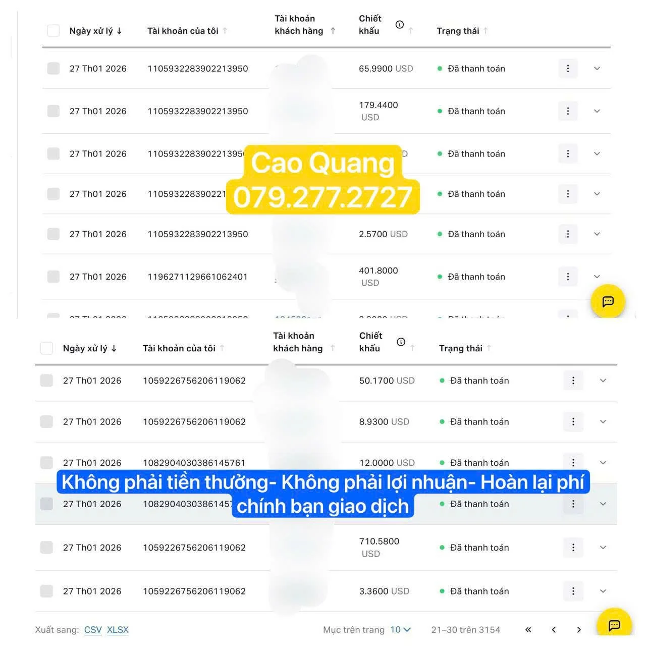A screenshot of a financial statement or transaction record, showing multiple transactions with dates, account numbers, amounts in USD, and statuses marked as paid. The image features a large yellow badge with the name 'Cao Quang' and a phone number '079.277.2727', along with a blue banner with Vietnamese text indicating non-profit transactions. There are options to export data as CSV or XLSX at the bottom.