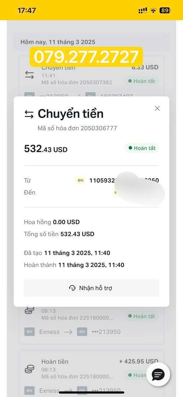 Mobile phone screen showing a money transfer transaction of 532.43 USD completed on March 11, 2025, at 11:40 AM.