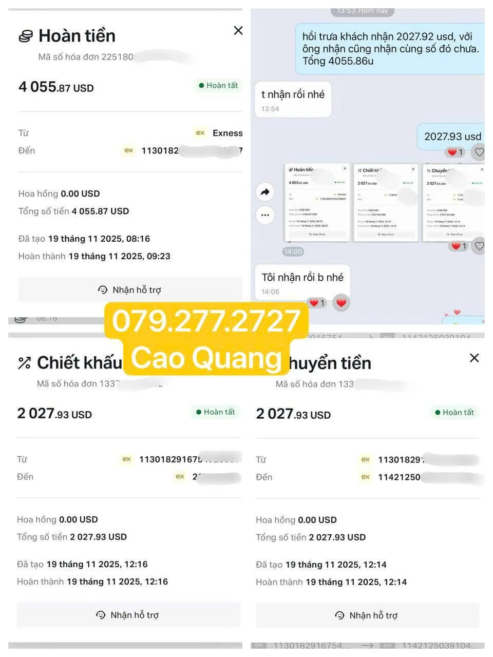 Screenshots of bank transactions in Vietnamese with total amount of $4,055.87 USD, including a transfer of $2,027.93 USD, and a phone number 079.277.2727 labeled Cao Quang.