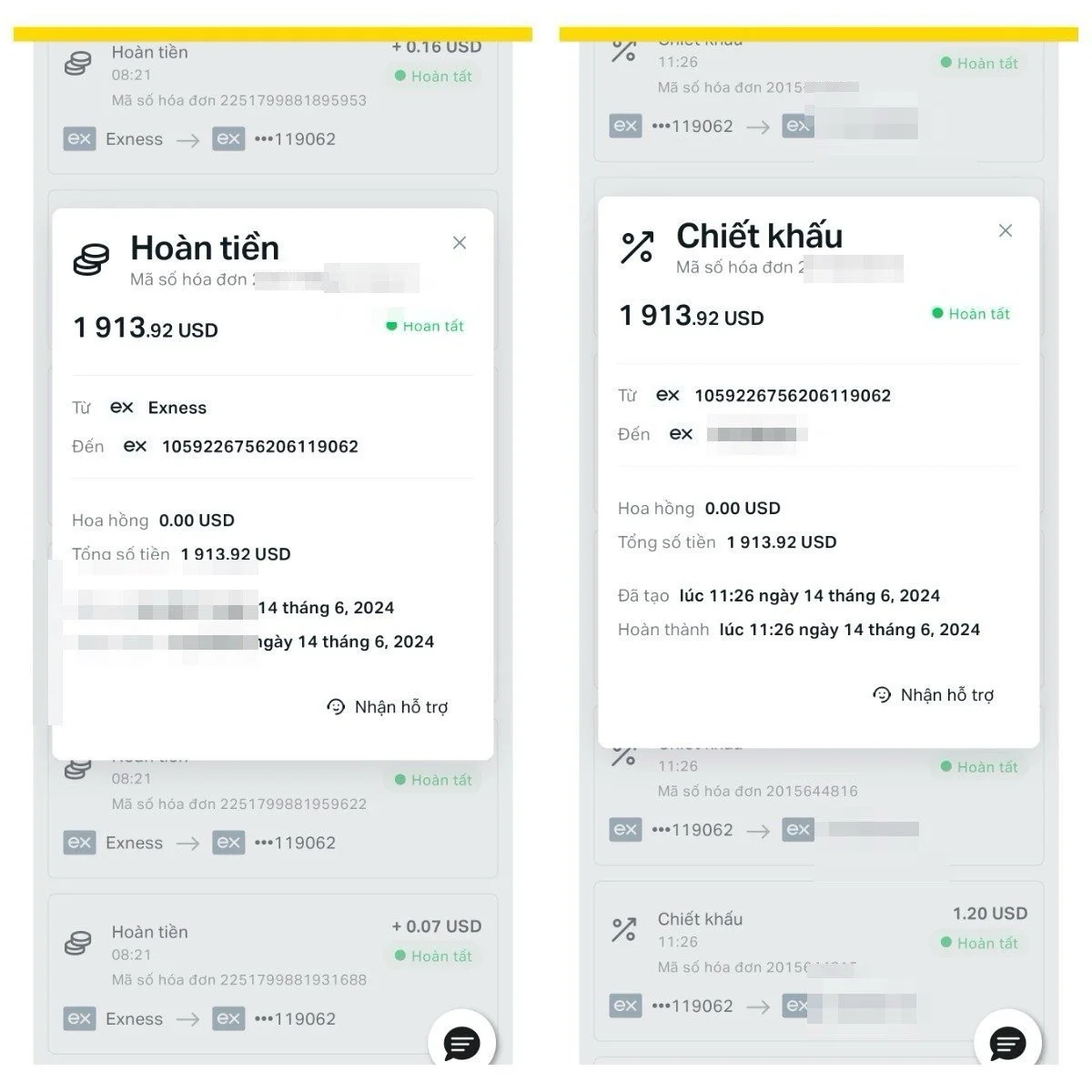 Screenshots of banking app transactions showing a refunded amount and a discount, both totaling 1913.92 USD, with details of transaction dates, times, and account numbers.
