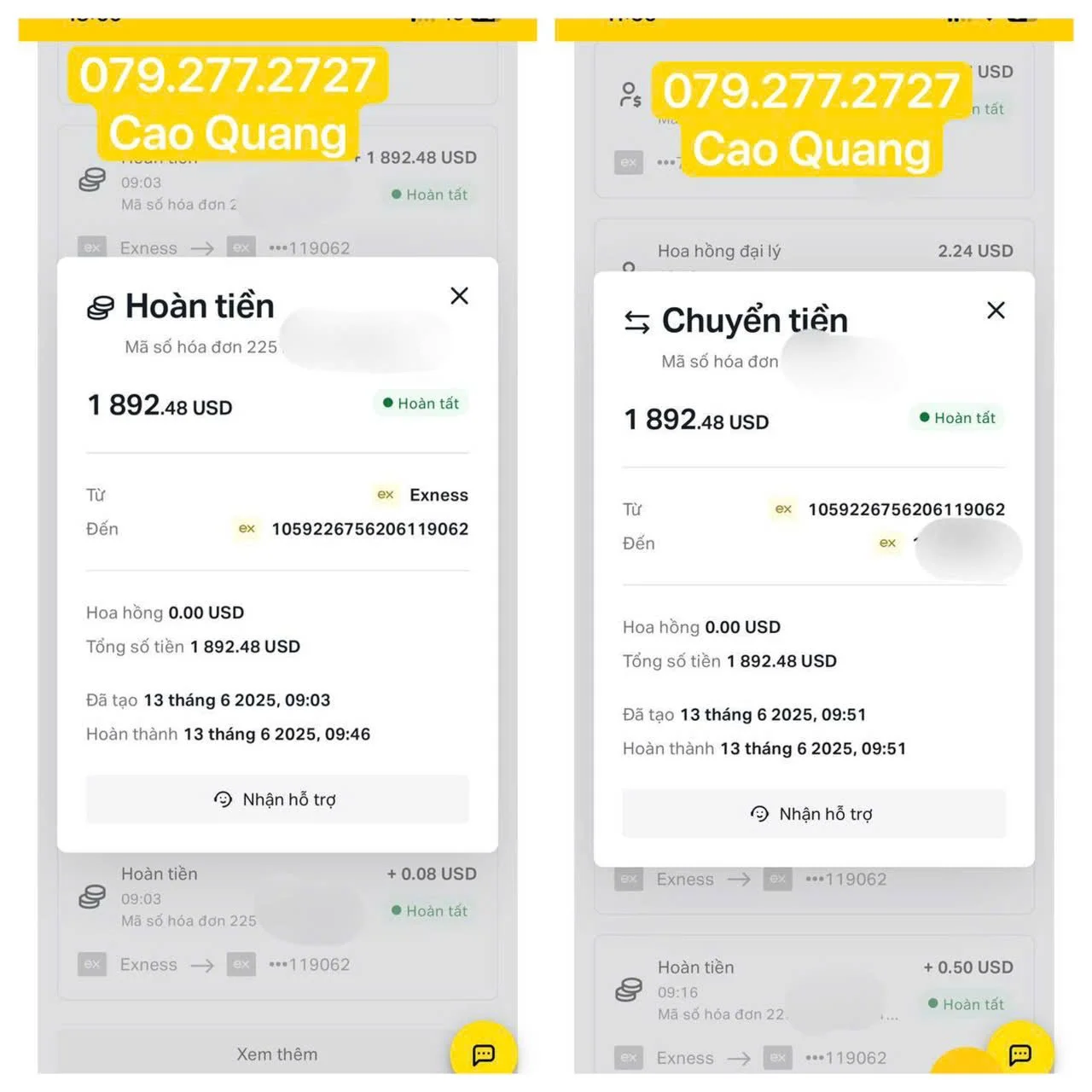 Screenshots of mobile banking transactions showing a refunded amount of $1,892.48 USD for a transfer from Exness, with details including date, time, and transaction status.