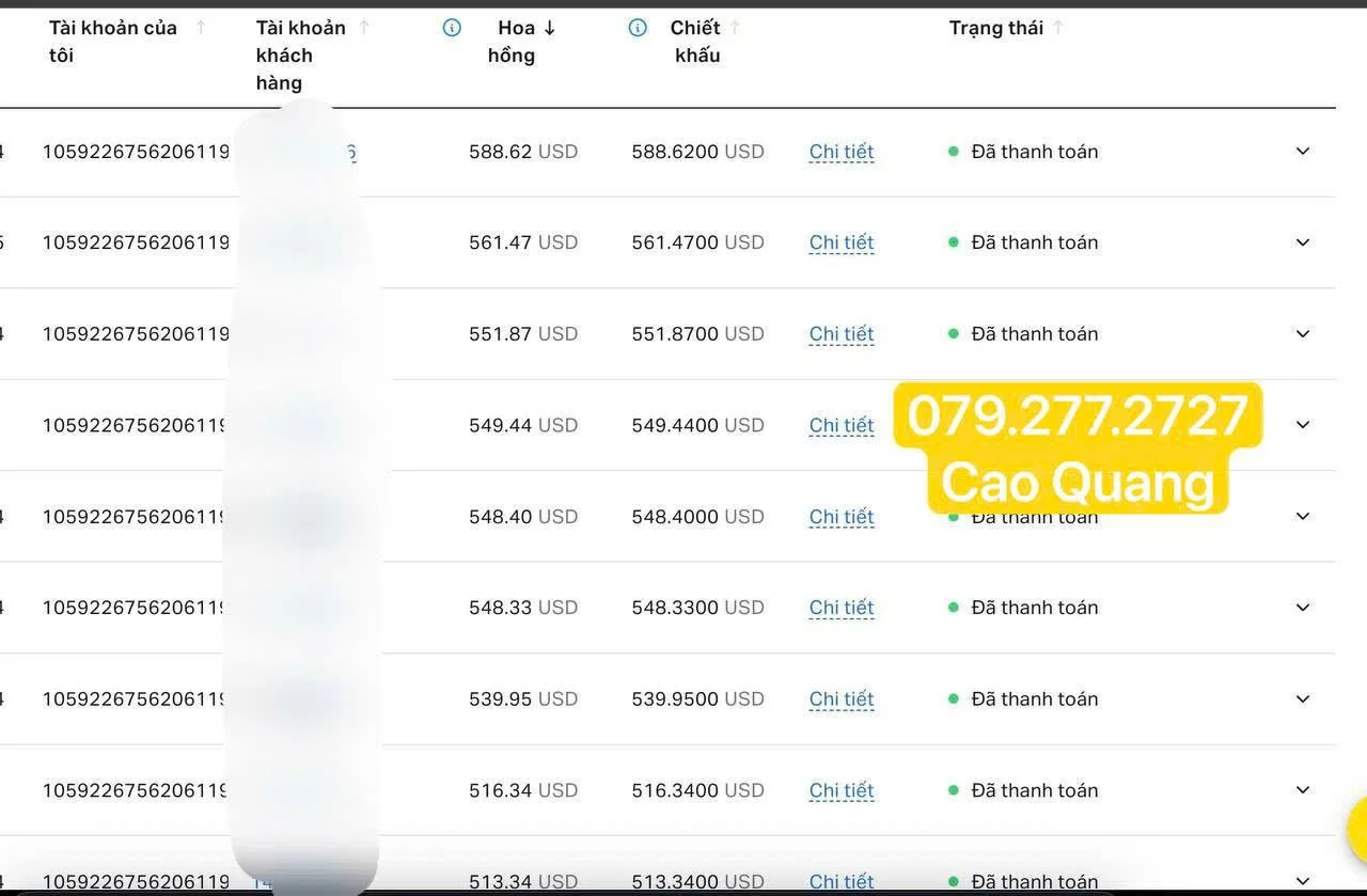 Screenshot of an online transaction history with several entries showing transaction amounts in USD, payment status marked as completed, and a large yellow banner with the phone number 079.277.2727 and the name Cao Quang.