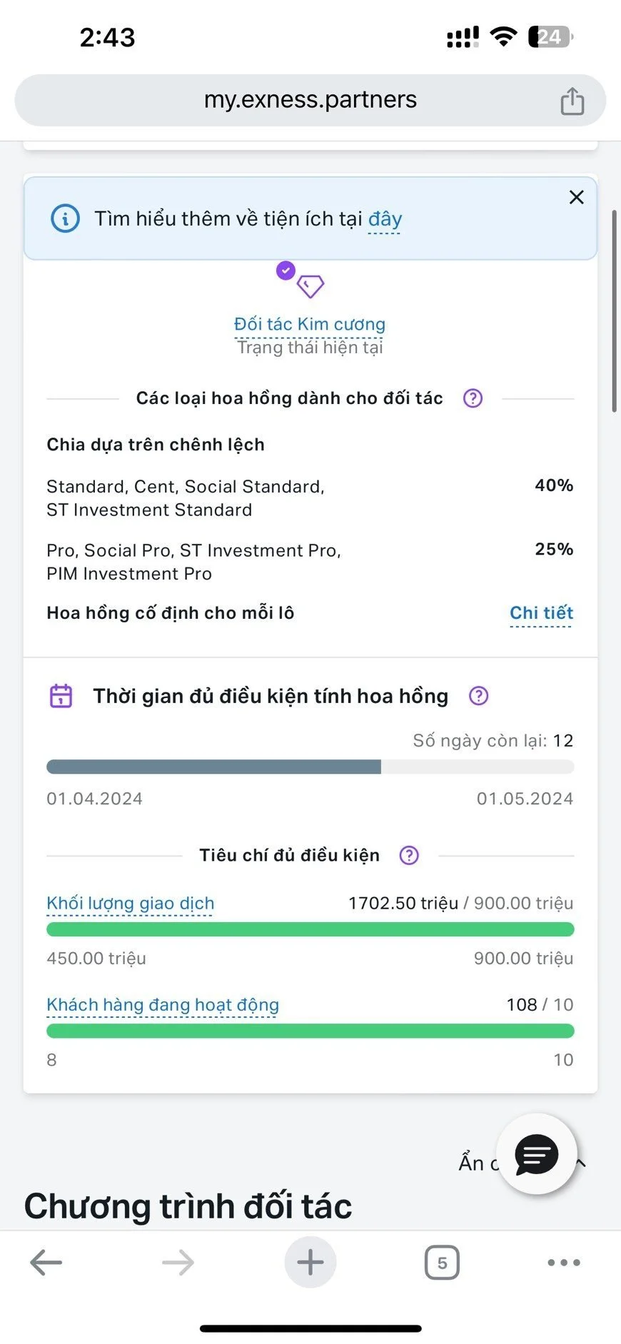 Screenshot of a mobile phone displaying a financial partner's dashboard in Vietnamese, showing details about commission rates, investment quotas, transaction volume, and active clients.
