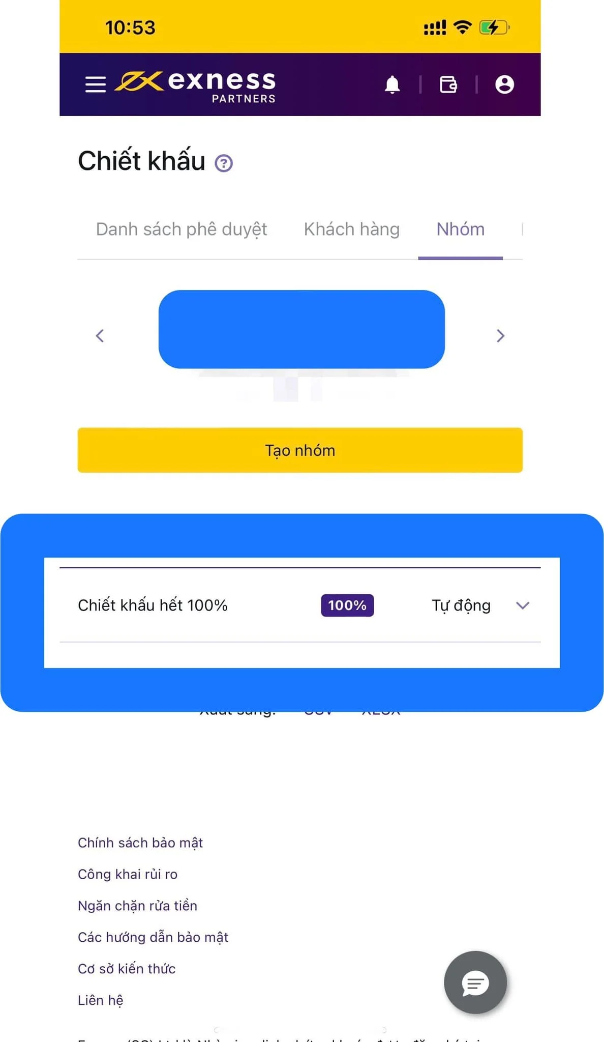 Mobile app screen of exness with options for group creation and discount settings, displaying 100% discount, in Vietnamese language.