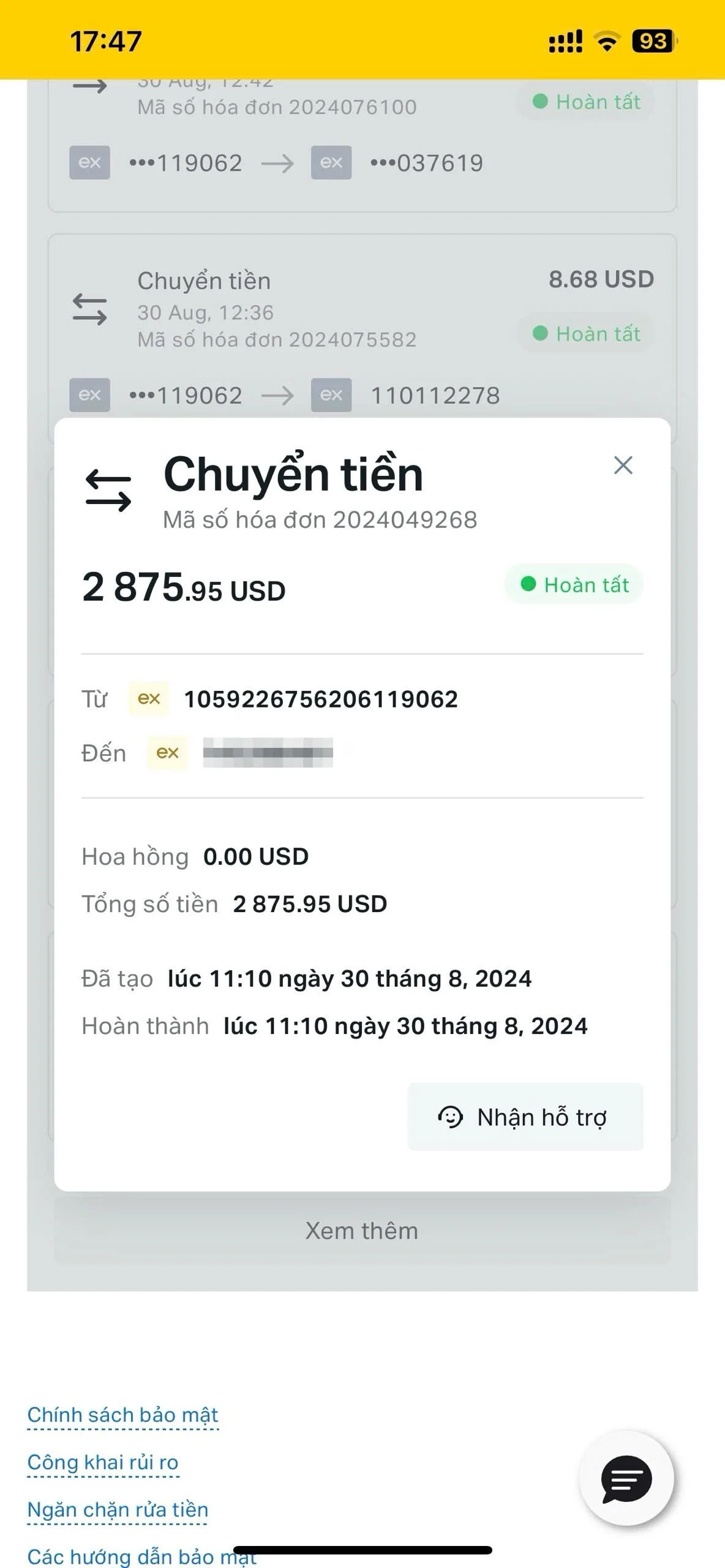Screenshot of a mobile banking app showing a completed bank transfer of 2875.95 USD.
