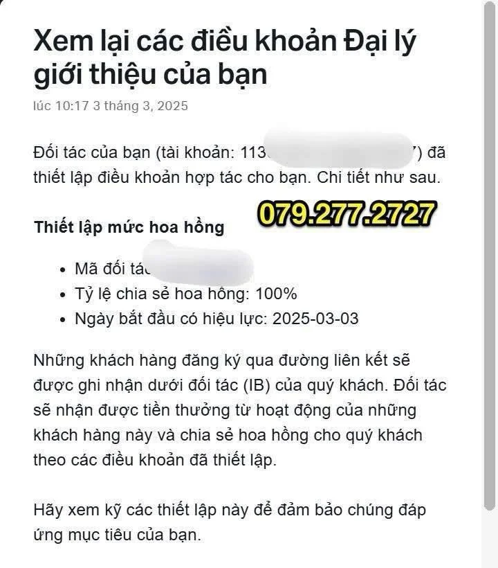 Screenshot of a Vietnamese document regarding agent terms and commission setup, including a phone number 079.277.2727.