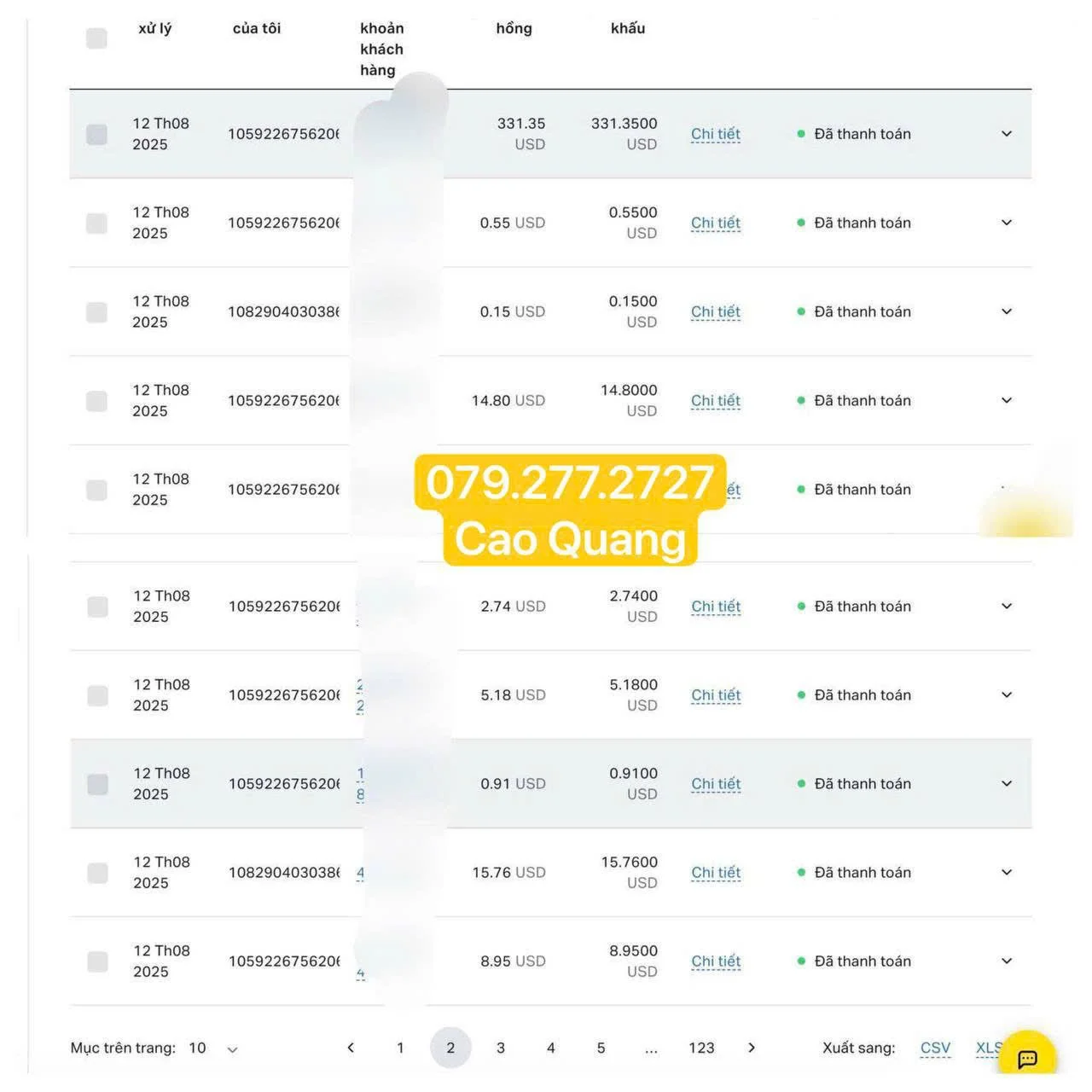 A screenshot of a financial transaction table displaying various transaction details like date, transaction ID, amount, and status. There is a prominent yellow contact information label in the center with the phone number 079.277.2727 and name Cao Quang. The page includes options to export data in CSV and XLS format.