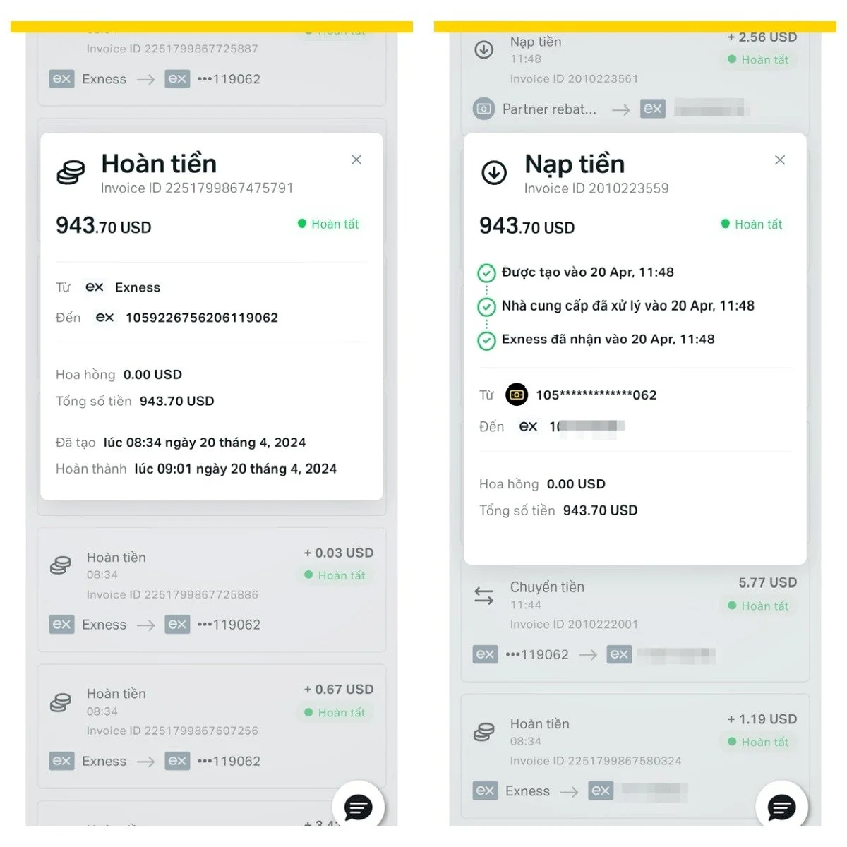 Screenshots of digital transaction receipts showing a refund of 943.70 USD from Exness to an account, with details of timestamps and transaction IDs, and transactions in USD, including payments and transfers.