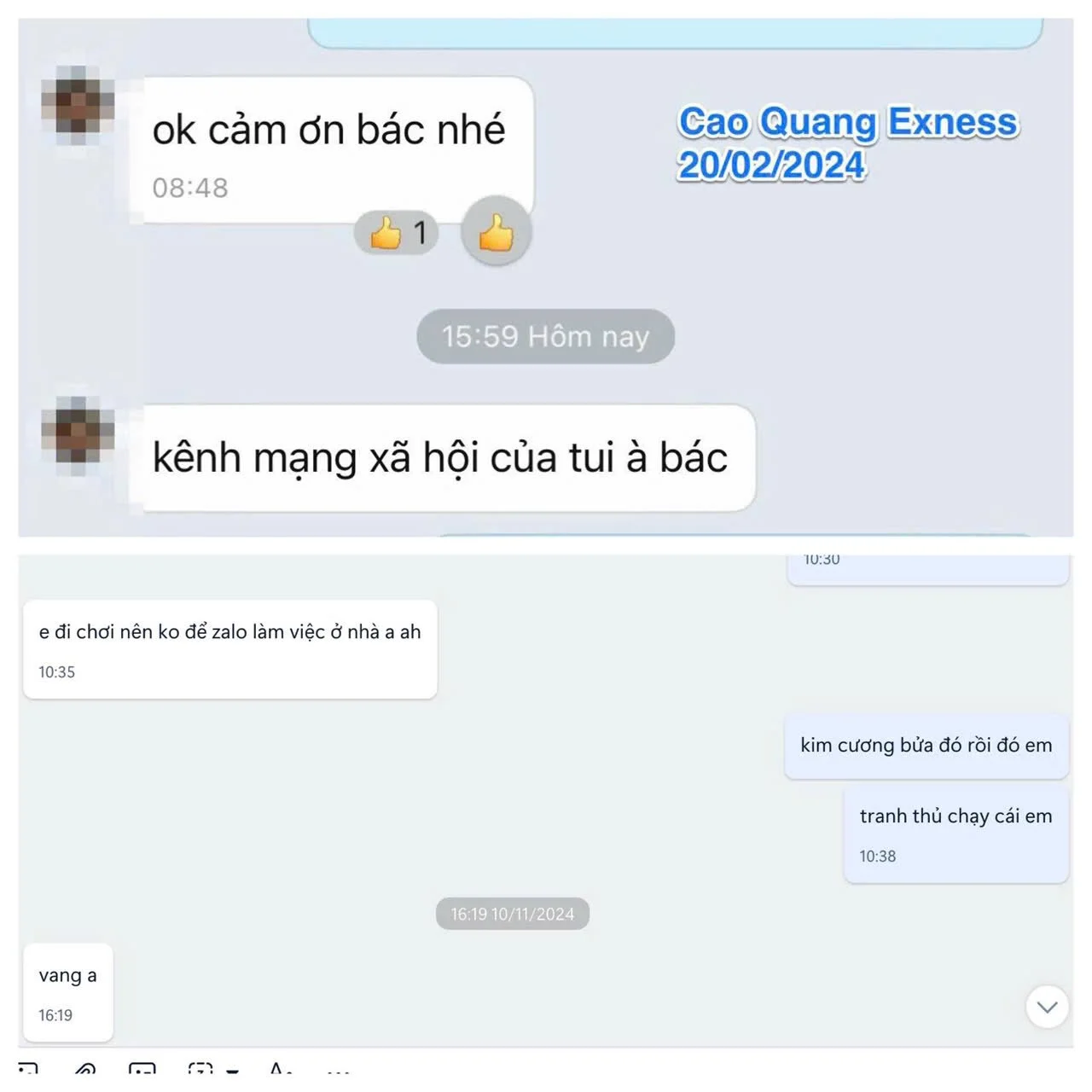 Screenshot of a Vietnamese chat conversation with messages discussing social media, work, and daily activities.