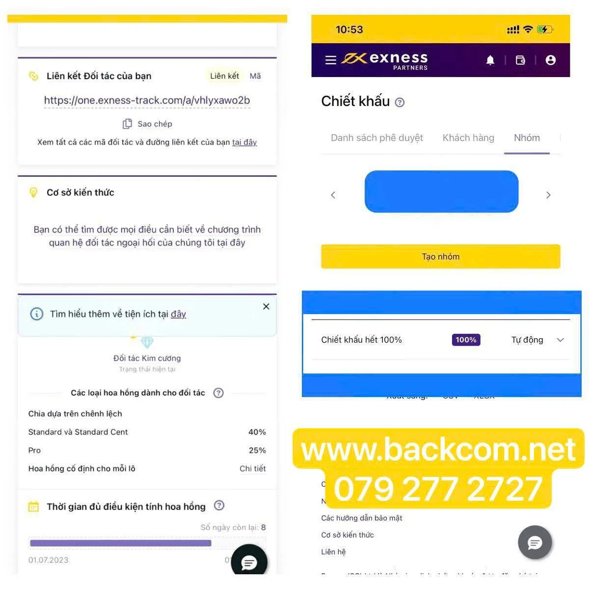 Screenshots of a website and a mobile app interface showing links, discount details, and a group creation button in Vietnamese, with prominent yellow and purple colors.