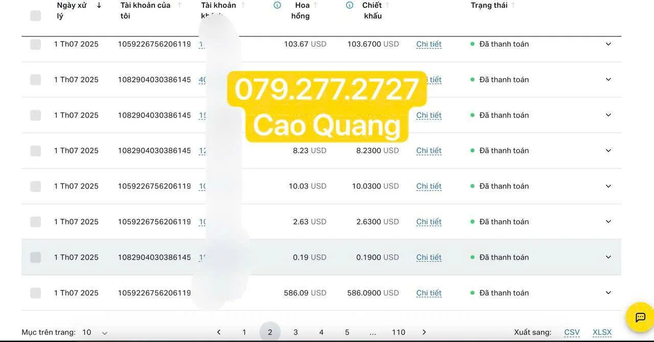 Screenshot of financial transactions with a prominent yellow overlay displaying the phone number 079.277.2727 and name Cao Quang.