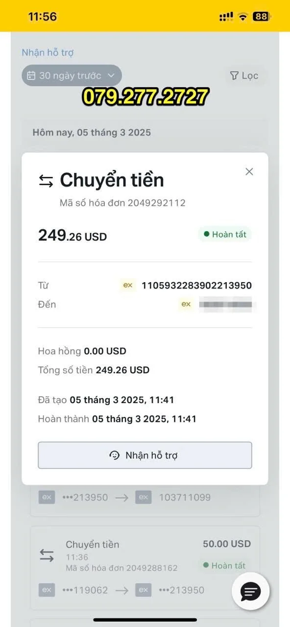 Screenshot of a mobile banking app in Vietnamese showing a completed money transfer of 249.26 USD with details of the transaction date, time, and recipient's account number.