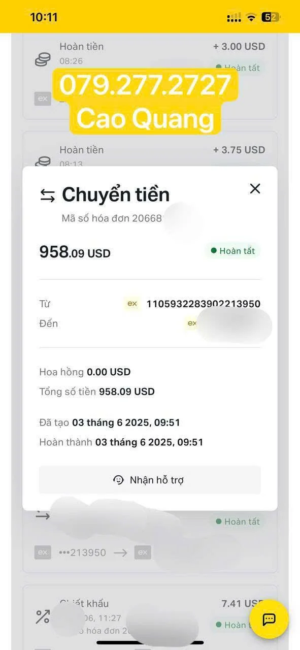 Screenshot of a money transfer app showing a transfer of 958.09 USD to Cao Quang, created on June 3, 2025.