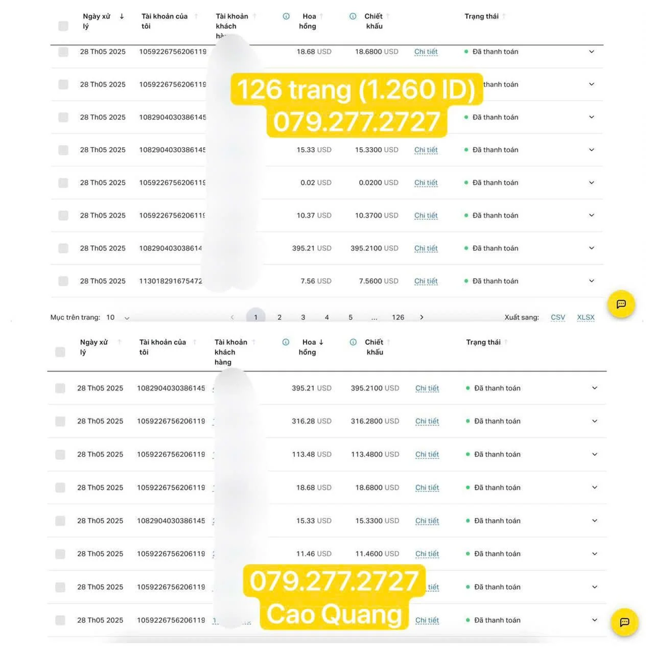 Screenshot of a financial transaction history spreadsheet with multiple rows of transaction details, including date, account numbers, transaction amounts in USD, and status indicators. There are yellow labels overlaying the image with contact information: '126 trang (1.260 ID) 079.277.2727' and 'Cao Quang' at the bottom.