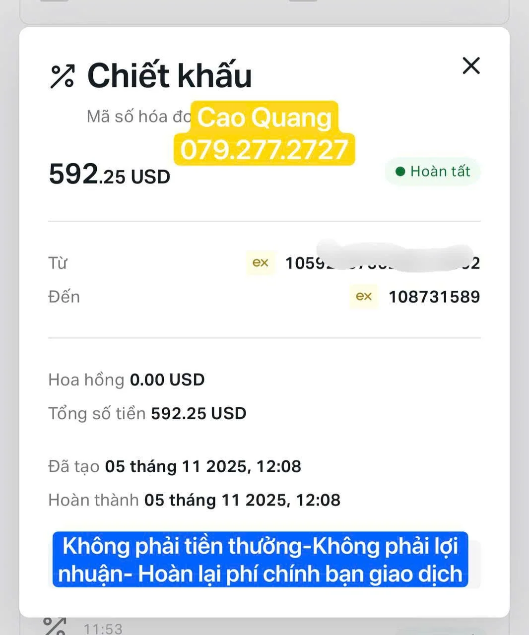 A digital bank transaction receipt in Vietnamese showing a refund of $592.25 USD, with details including card number, transaction dates, and a note stating it is not an earning or profit, just a fee refund.
