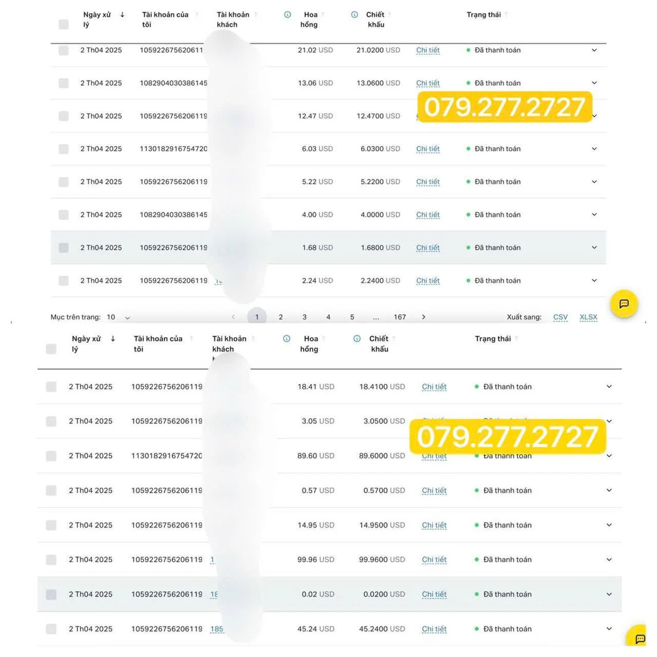 This image shows a screenshot of a financial transaction history, with columns for date, account number, customer account, transaction details, amounts in USD, status, and options to view details or export data in CSV or XLSX formats. The screenshot includes highlighted text with the phone number 079.277.2727 in bright yellow, repeated twice, once at the top and once at the bottom of the image.