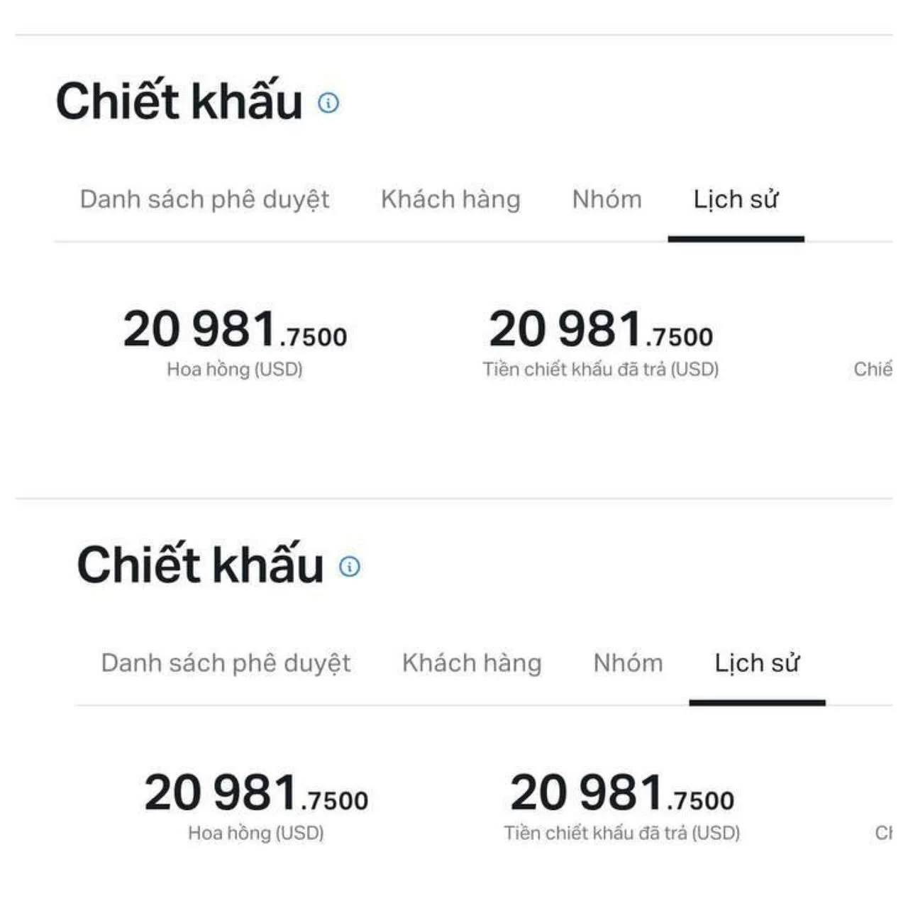 Screenshot of a Vietnamese website displaying a financial summary, including a list of approval, customer, group, and history, with amounts in USD showing total and paid discount amounts.