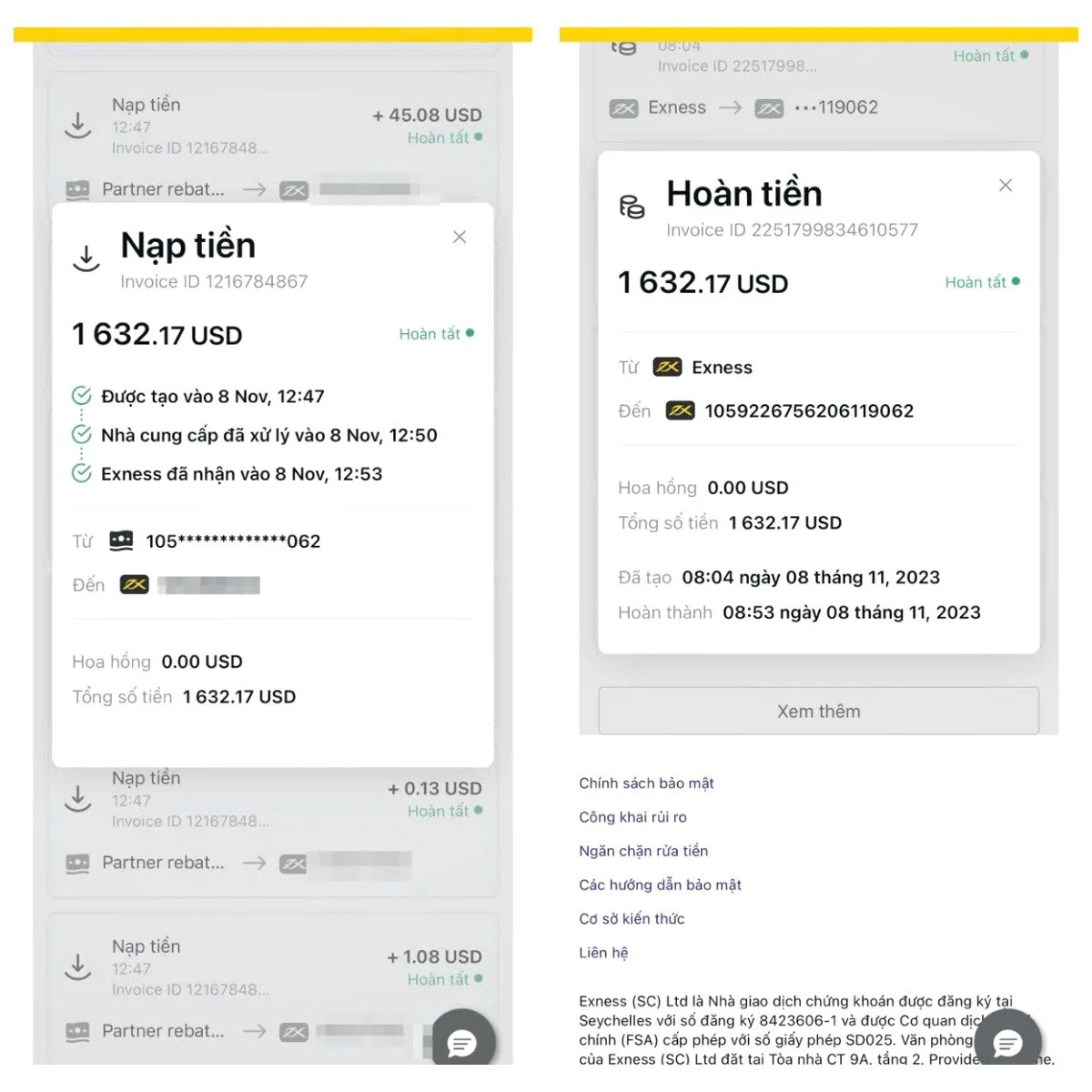 Screenshots of two financial transaction receipts showing refunds of approximately 1632 USD each, from Exness to different accounts, with timestamps on November 8, 2023.