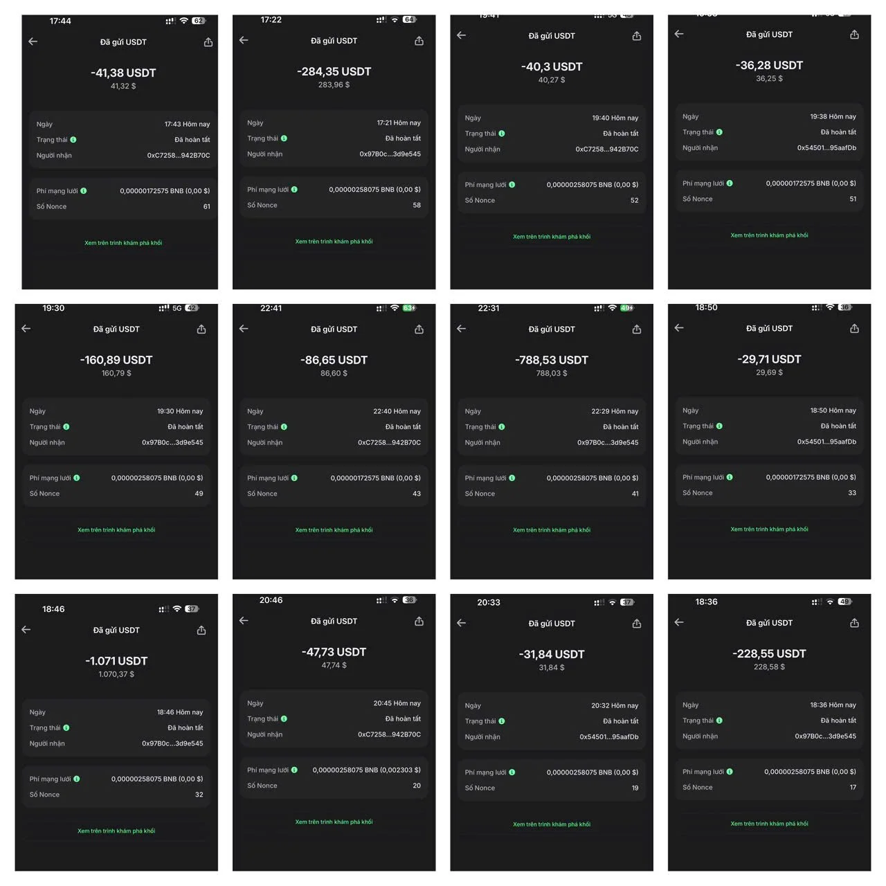 Screenshots of a cryptocurrency transaction history showing various USDT transfers with amounts, dates, times, and wallet addresses.