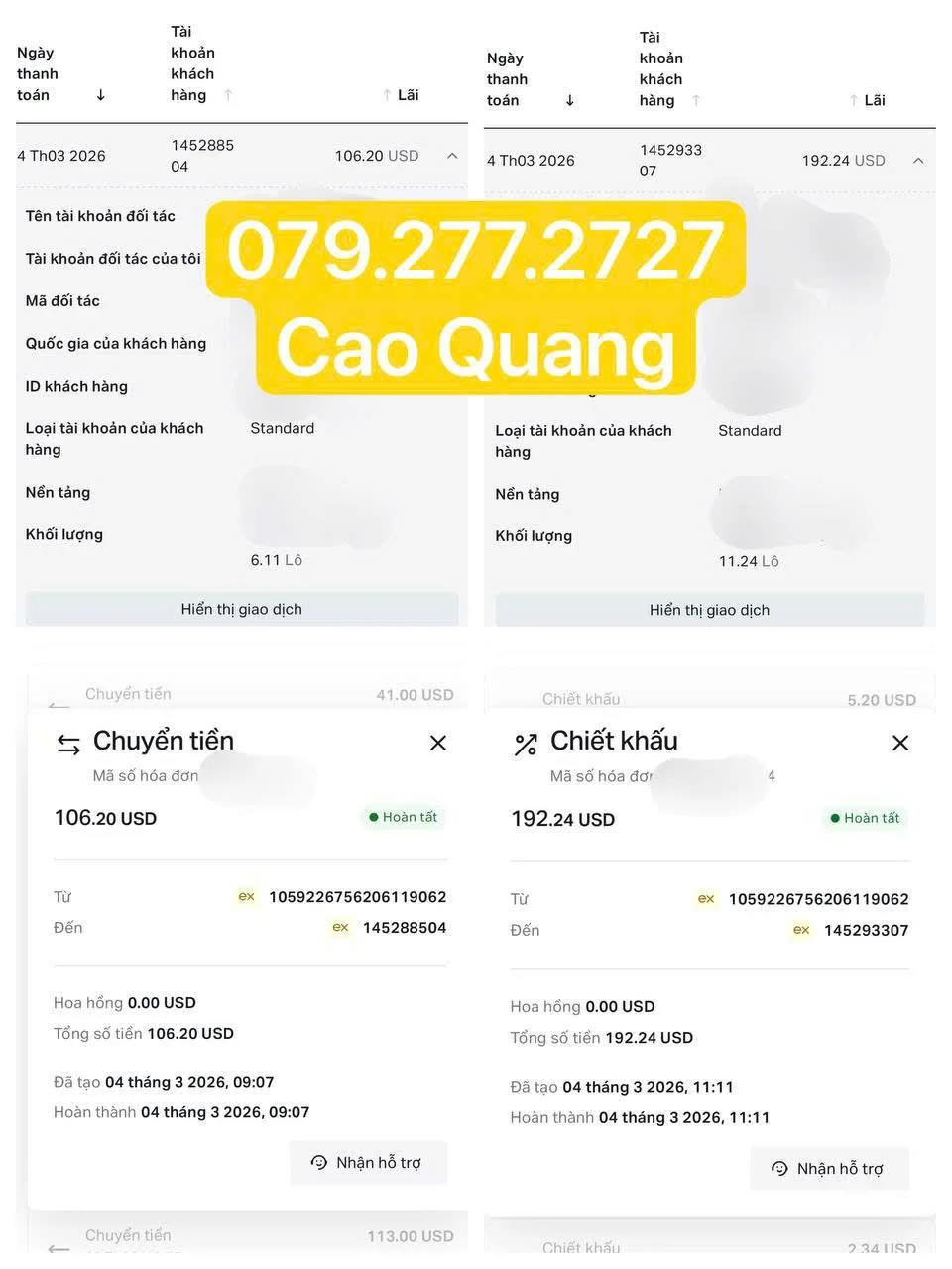 Screenshots of banking app transactions with a yellow overlay displaying the phone number 079.277.2727 and the name Cao Quang.