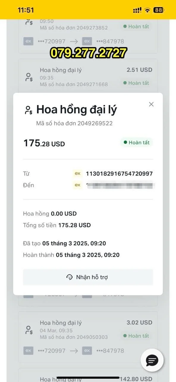 Screenshot of a mobile screen showing a financial transaction receipt for an agency commission fee of 175.28 USD, with details of the transaction date, amount, and invoice number, along with other transaction summaries in the background.