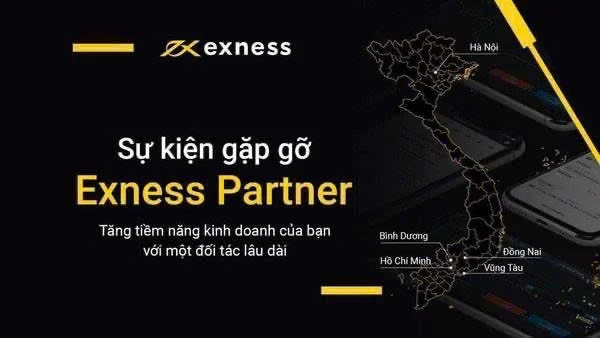 Graphic advertising Exness Partner with a black background, a map of Vietnam, and logos of Exness, including the brand name and logo in the top left corner. Text in Vietnamese promoting business growth through long-term partnership.