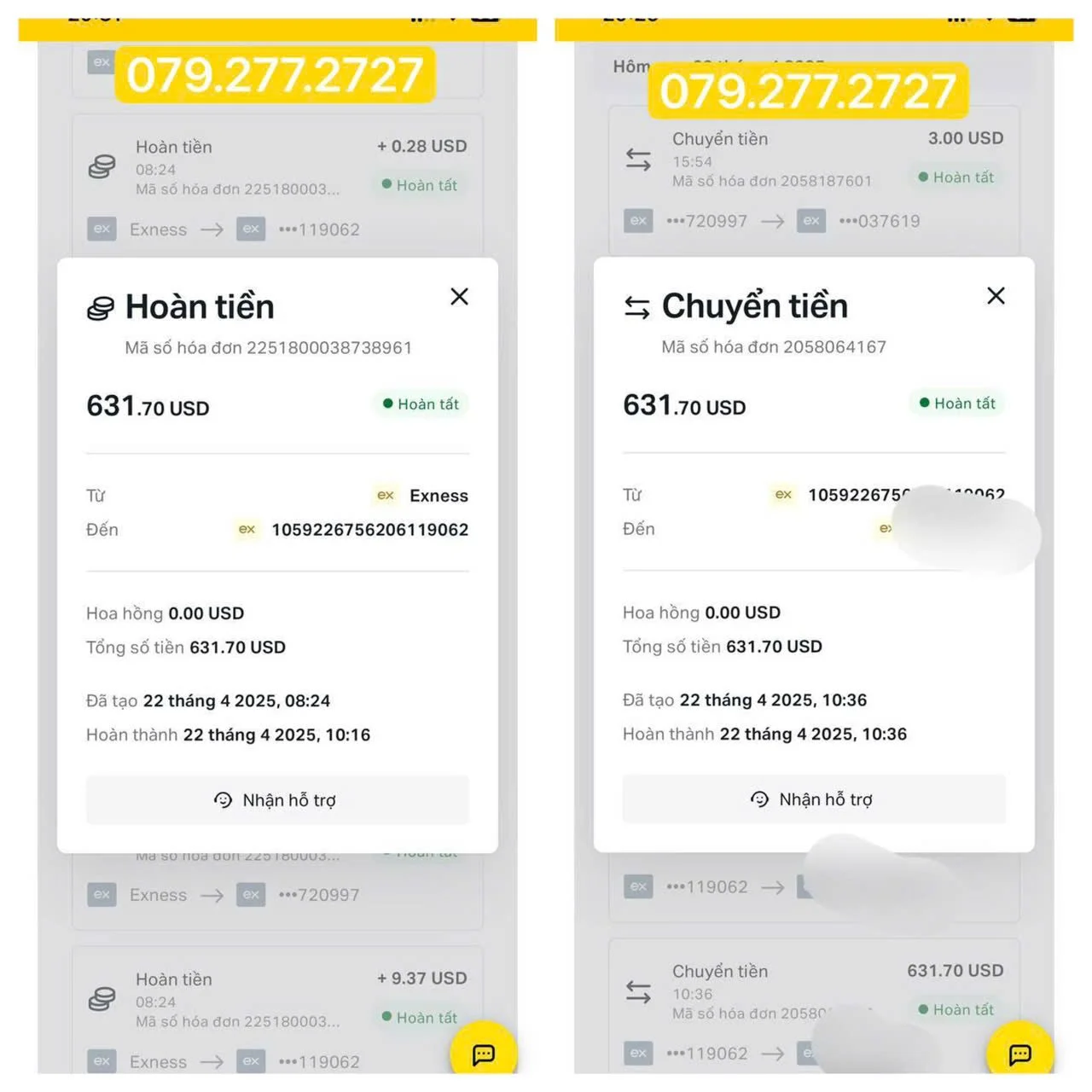 Screenshots of financial transactions showing money transfers and refunds of $631.70 USD with transaction details and timestamps.