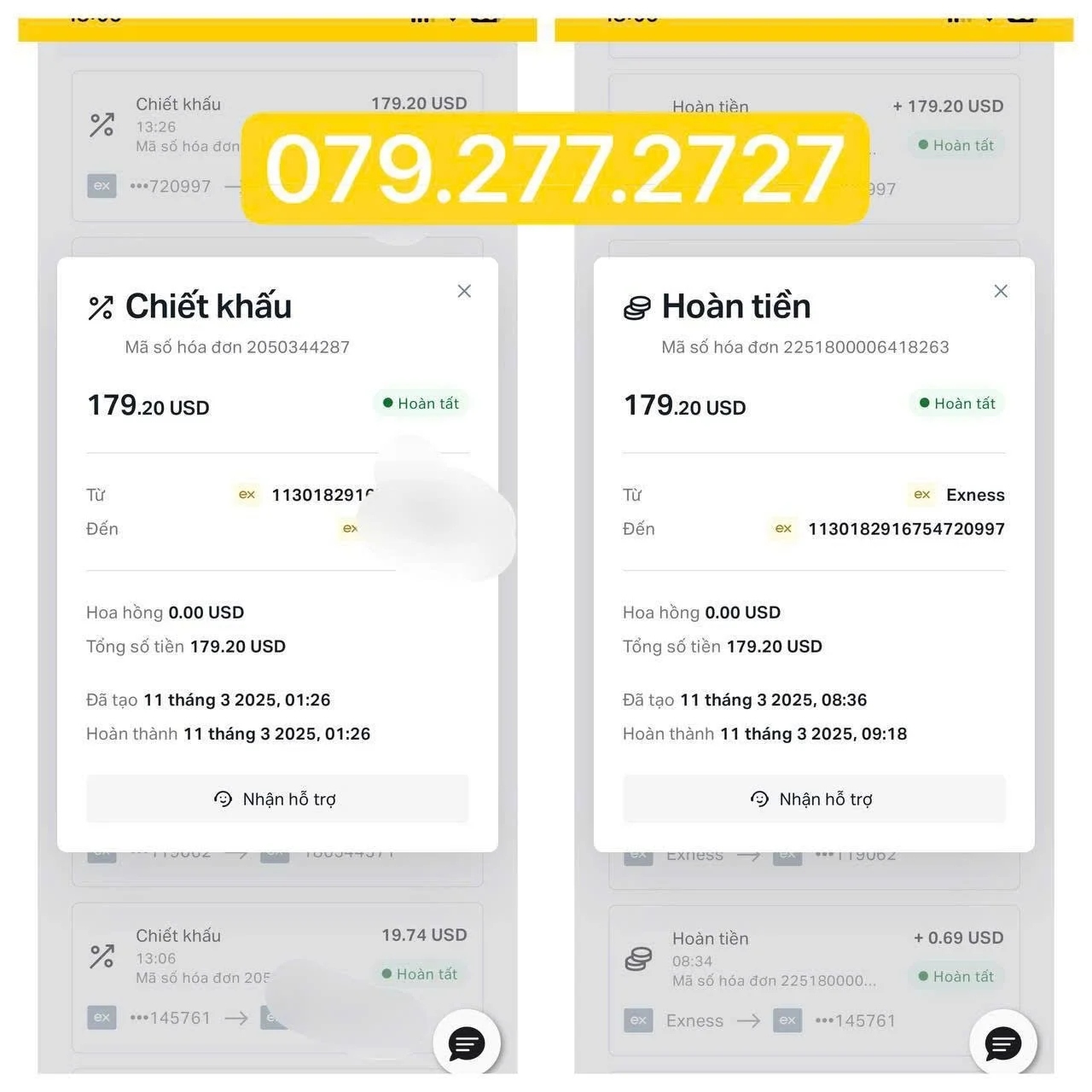 Screenshot showing financial transactions with details of a discount and refund of 179.20 USD, two invoices, and transaction timestamps.