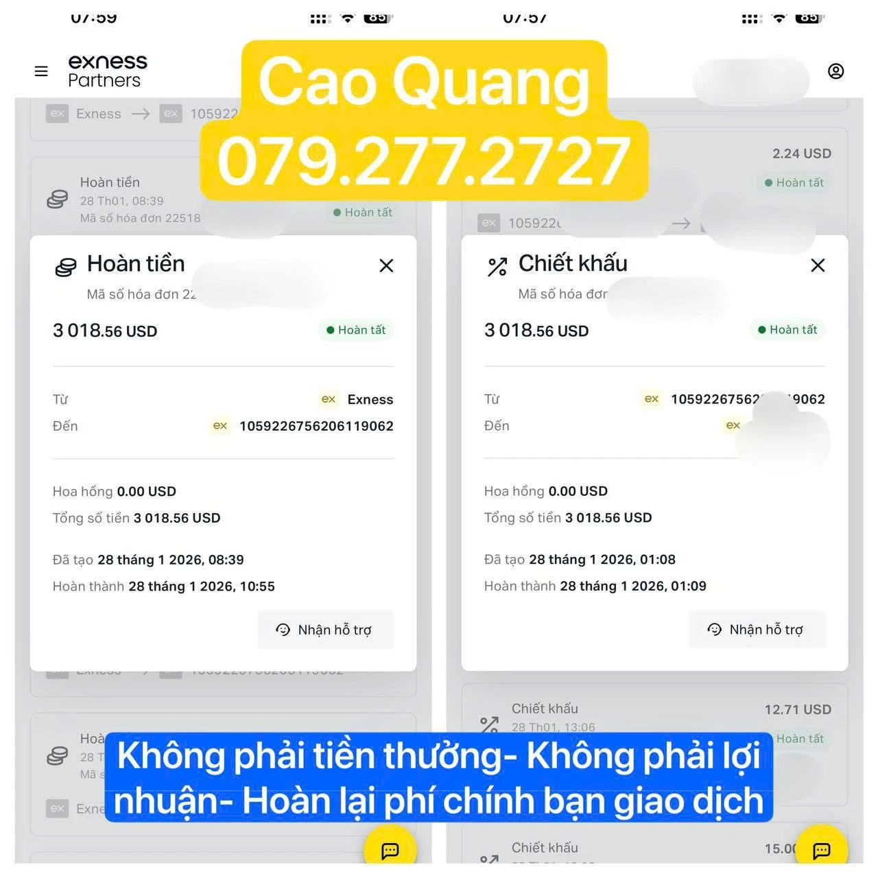 Screenshot of a banking transaction showing a refund of $3,018.56 USD from Exness, with the recipient's phone number Cao Quang 079.277.2772, and Vietnamese text explaining that the money is not profit, but a refund of the transaction fee.